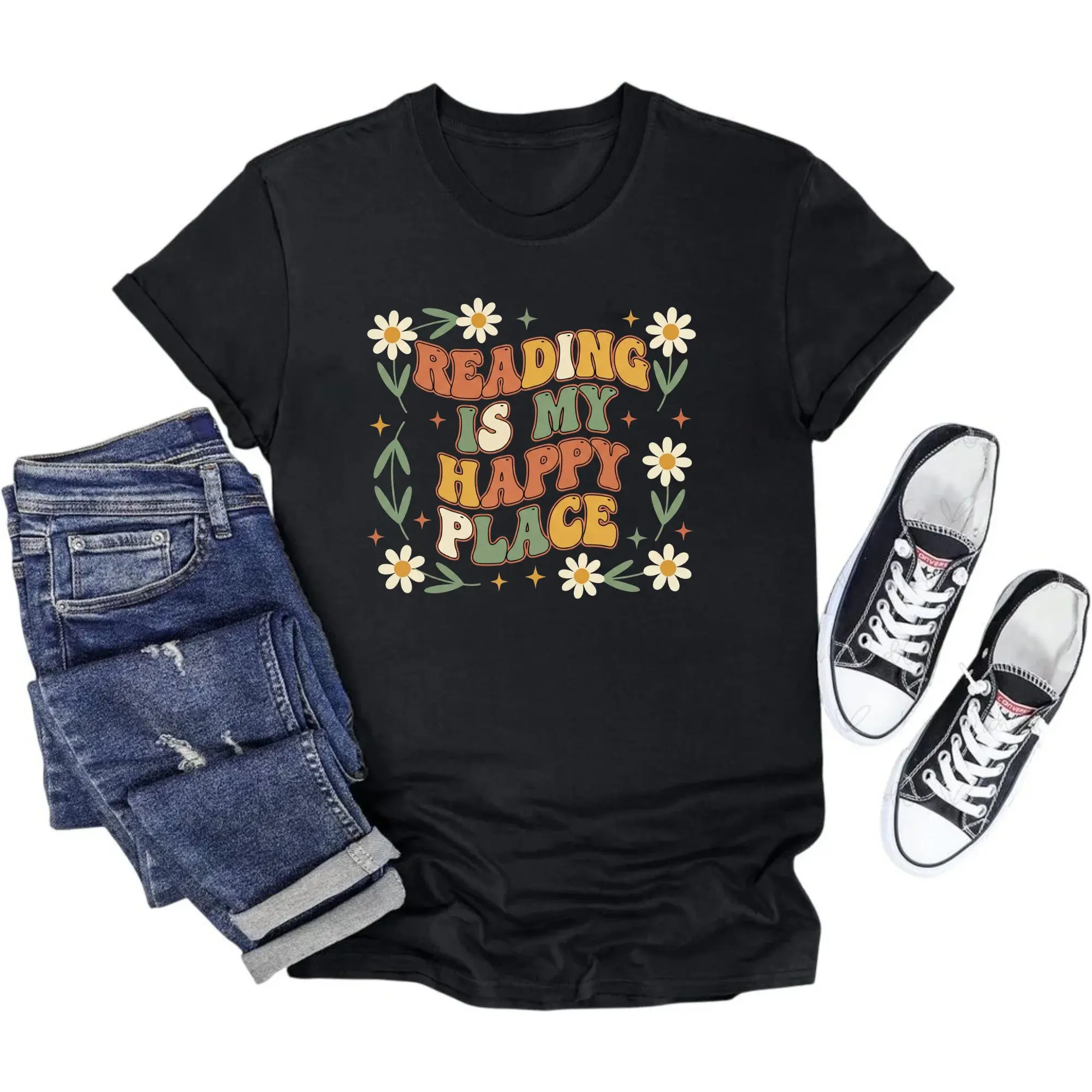 Graphic Tee Reading Is My Retro Flower Shirt Unisex Casual Crew Neck Apparel for Book Lovers Enthusiasts