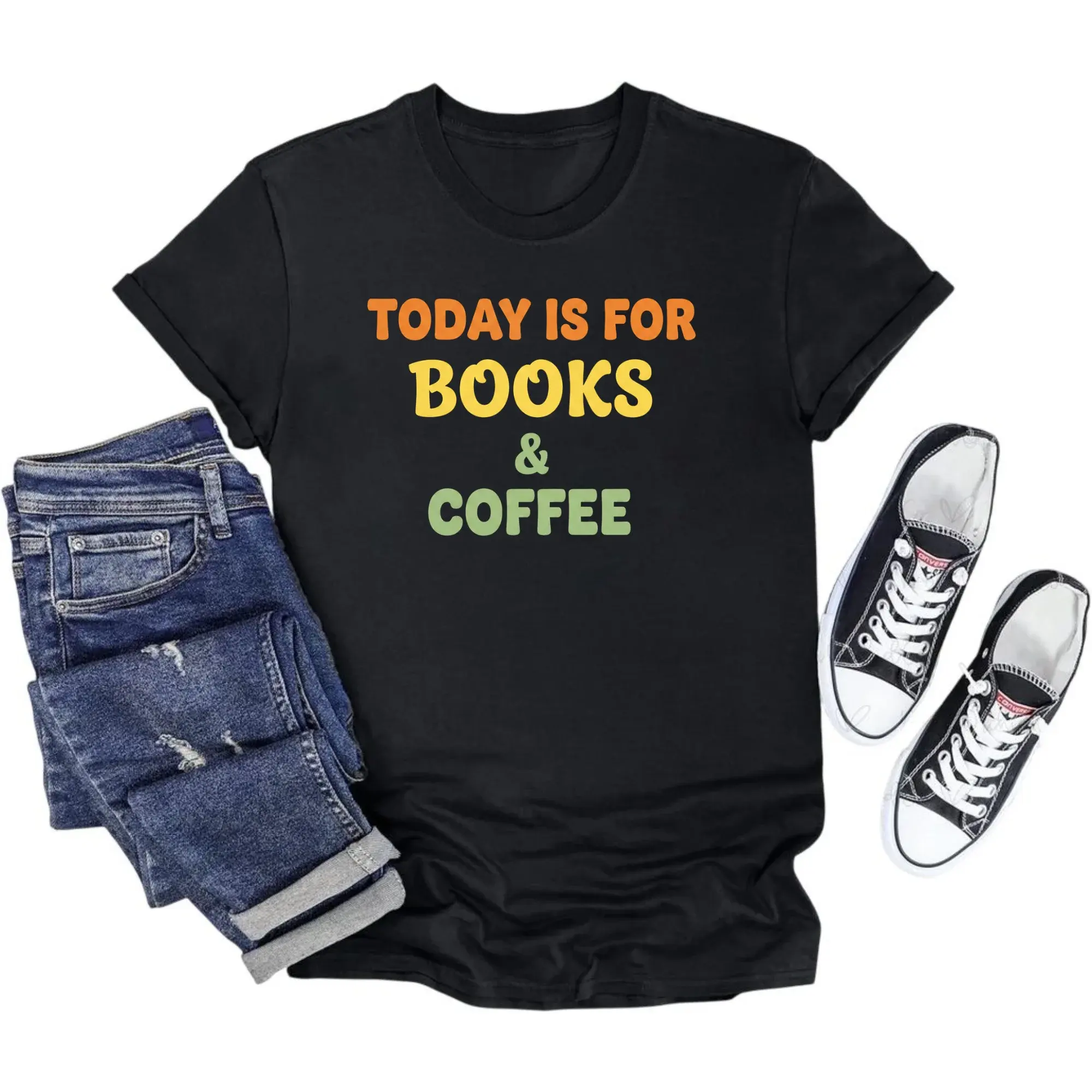 Graphic Tee Today Is for Books and Coffee Unisex Casual Crew Neck T-Shirt Readers Hot Beverage Enthusiasts
