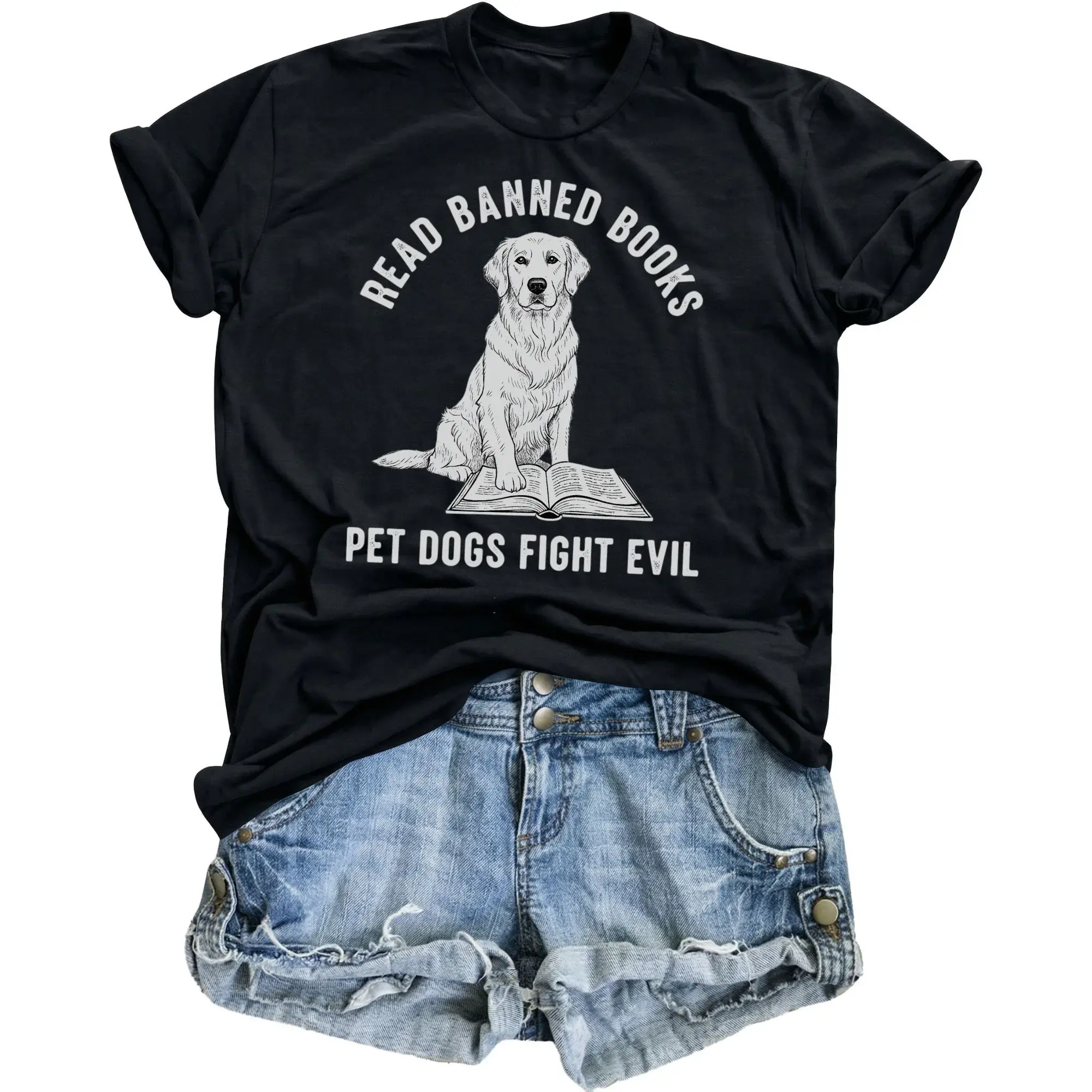 Graphic Tee Unisex Crew Neck T-Shirt Featuring Read Books and Pet Dogs Design for Casual Wear