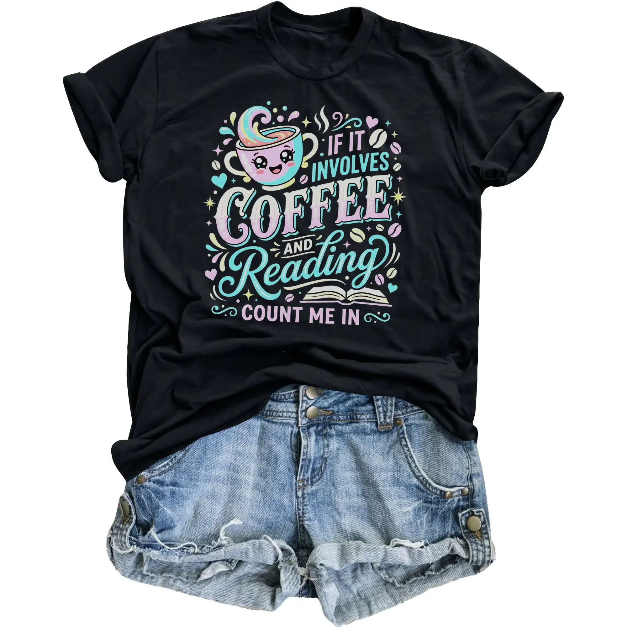 Funny Coffee and Reading Graphic Tee Unisex Crew Neck Casual T-Shirt for Book Lovers Caffeine Enthusiasts