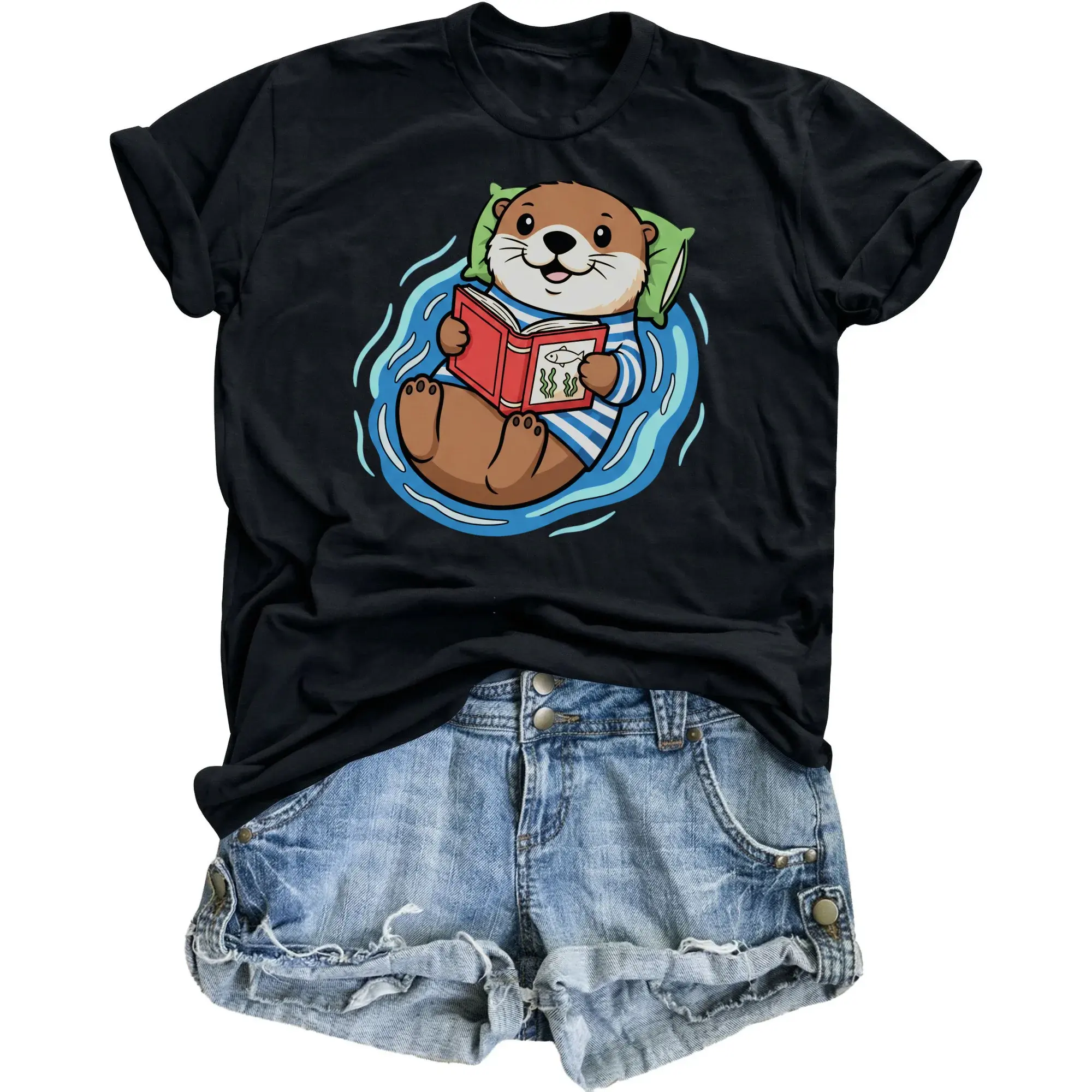 Graphic Tee Cute Reading Otter Relaxing on Water Illustration Unisex Casual Crew Neck Soft Cotton Blend Apparel