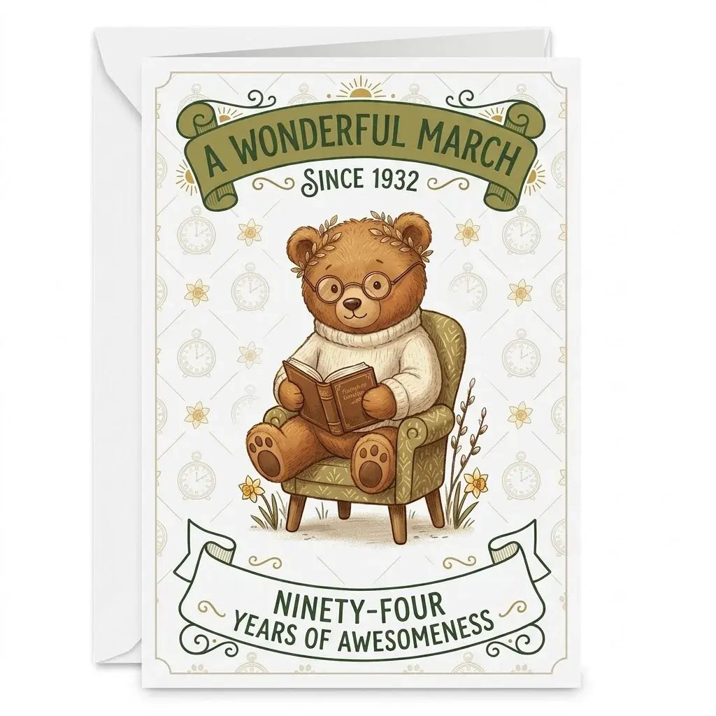 Wonderful March Since 1932 Birthday Card Funny Teddy Bear Reading Book 94th Birthday Card for Women Men