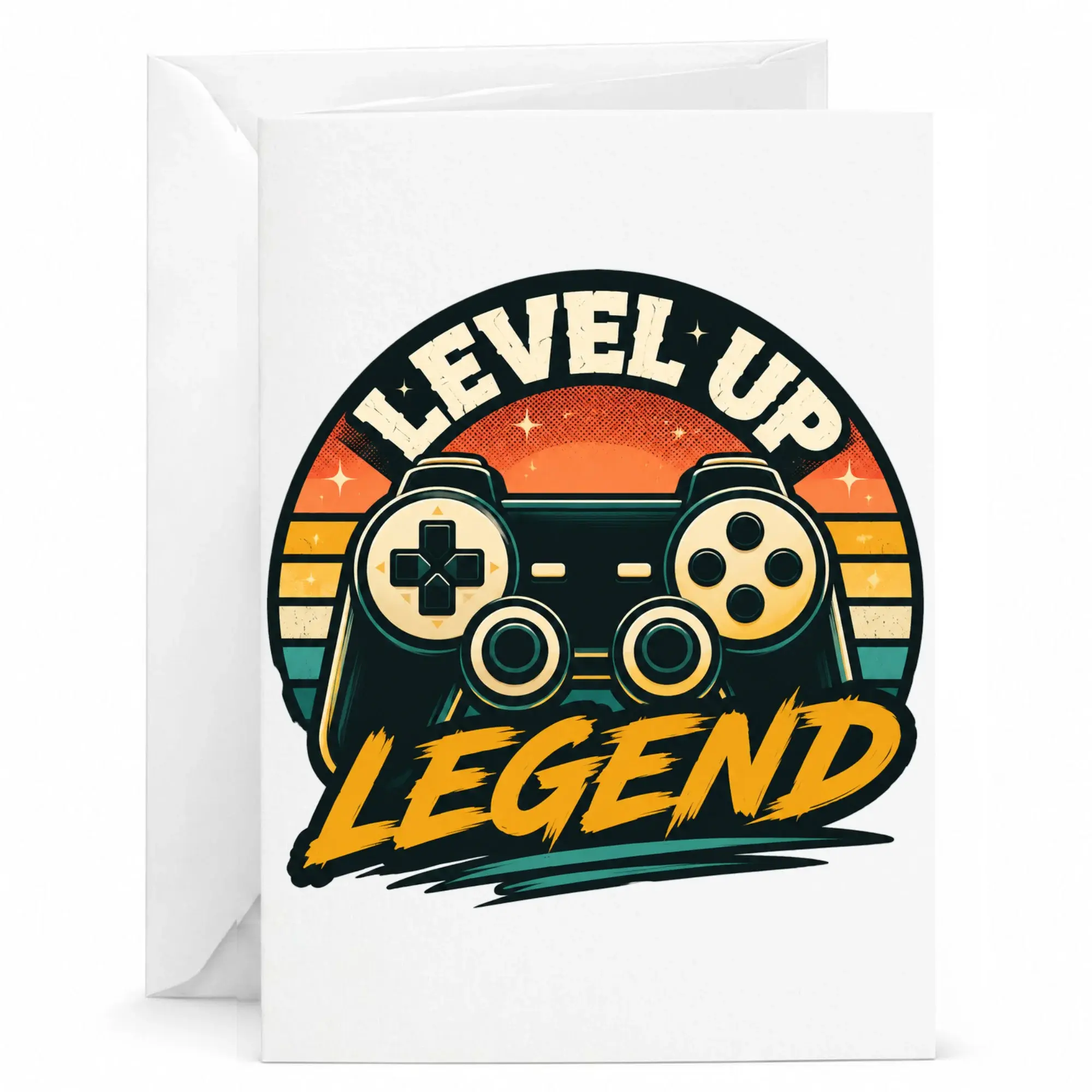 Level up Legend Video Game Greeting Card for Gamers Birthday or Congratulations 5x7 Inches with Matching White Envelope