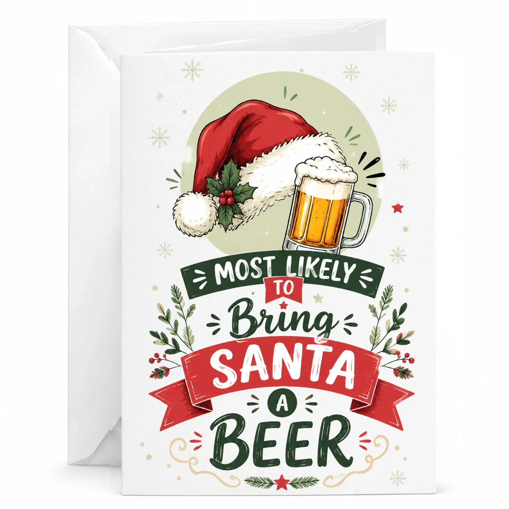 Funny Christmas Greeting Card Most Likely to Bring Santa a Beer Holiday Stationery with Matching White Envelope