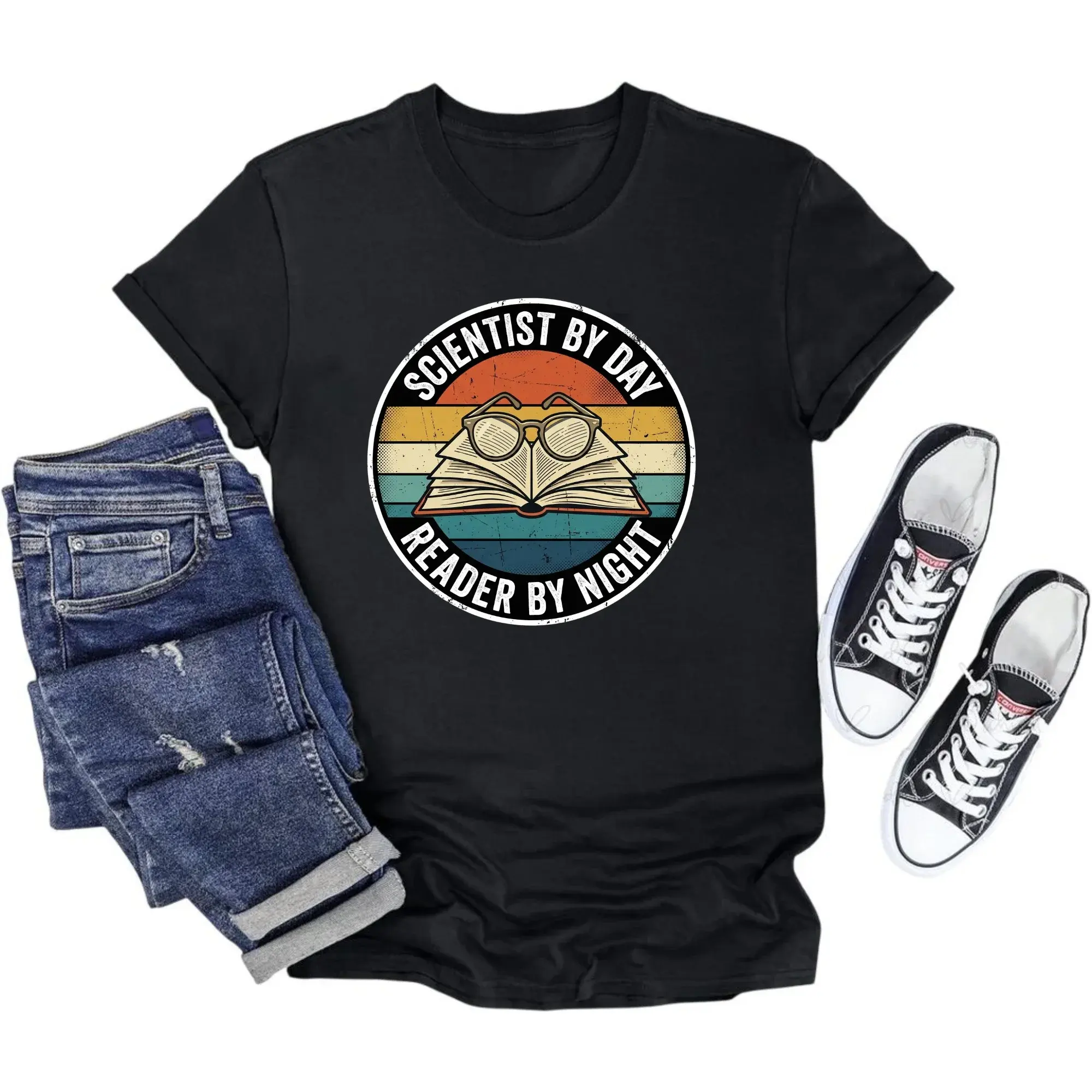 Graphic Tee Scientist by Day Reader by Night Unisex Casual Cotton Crew Neck T-Shirt for Book Lovers and Researchers