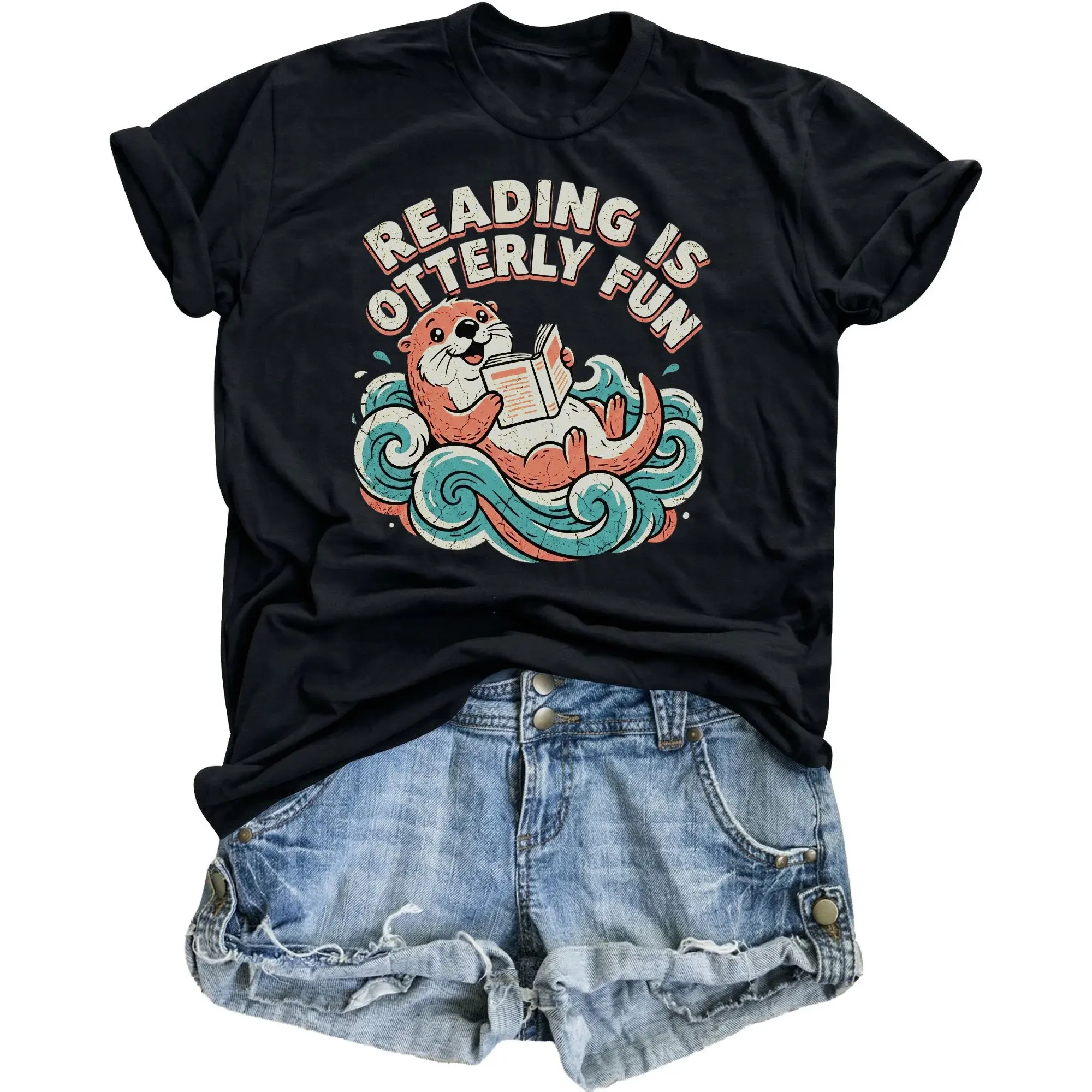 Graphic Tee Reading Is Otterly Fun Animal Pun Unisex Crew Neck Short Sleeve Shirt for Casual Everyday Apparel Style