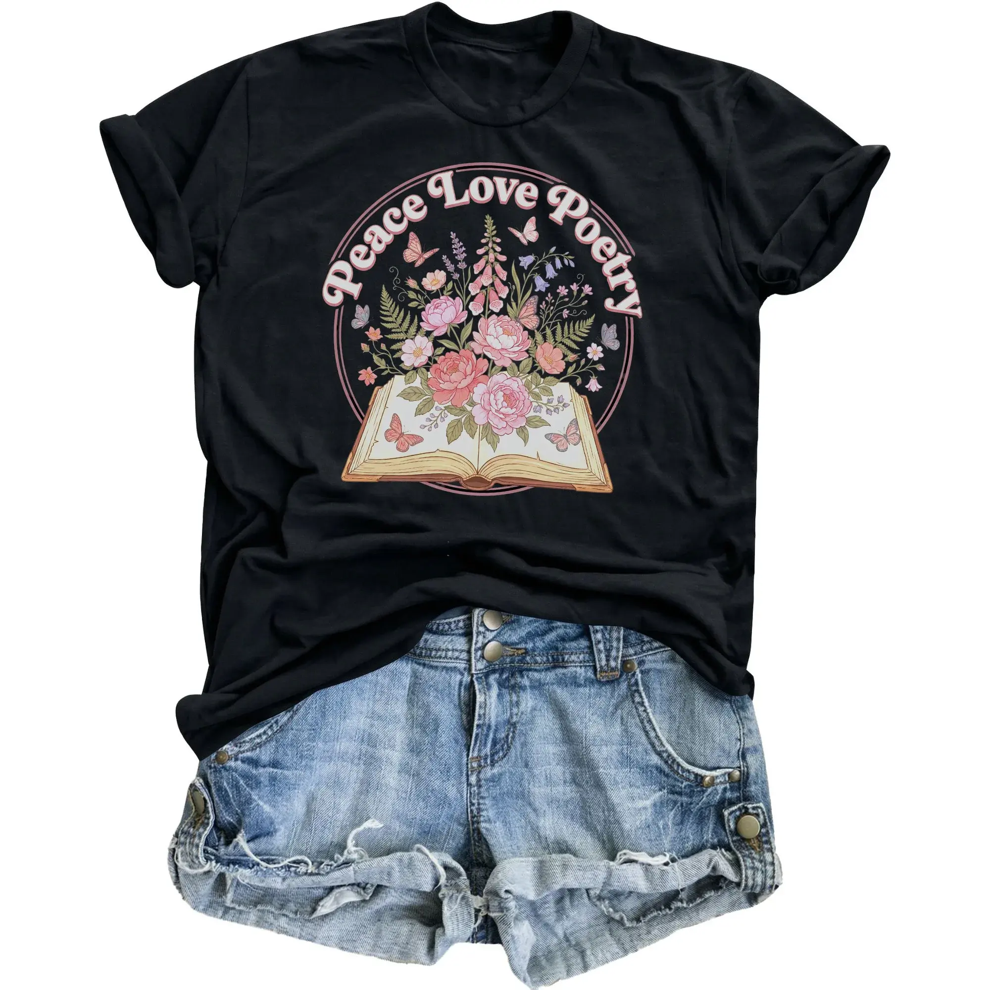 Graphic Tee Peace Love Shirt Botanical Book Illustration Vintage Style Unisex Casual Short Sleeve Crewneck Top