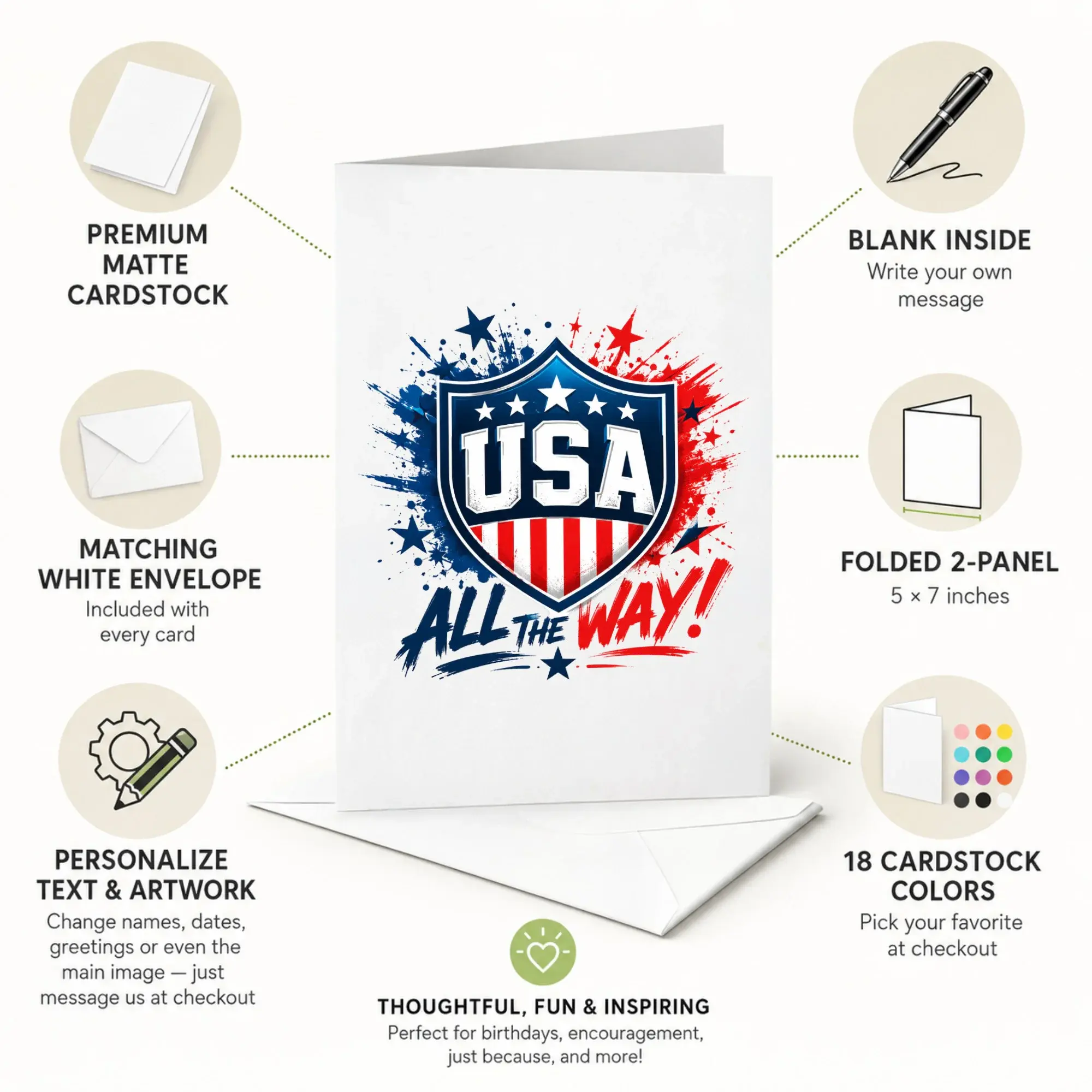 Greeting Card Usa All the Way Patriotic Shield Design Folded Note Card with Matching Envelope for Various Celebrations