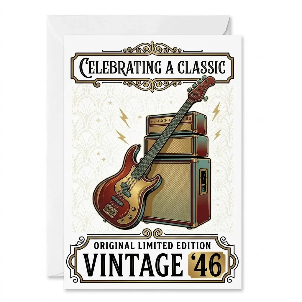 Vintage Birthday Greeting Card With Envelope 1946 Anniversary Milestones Retro Guitar Theme For Musicians