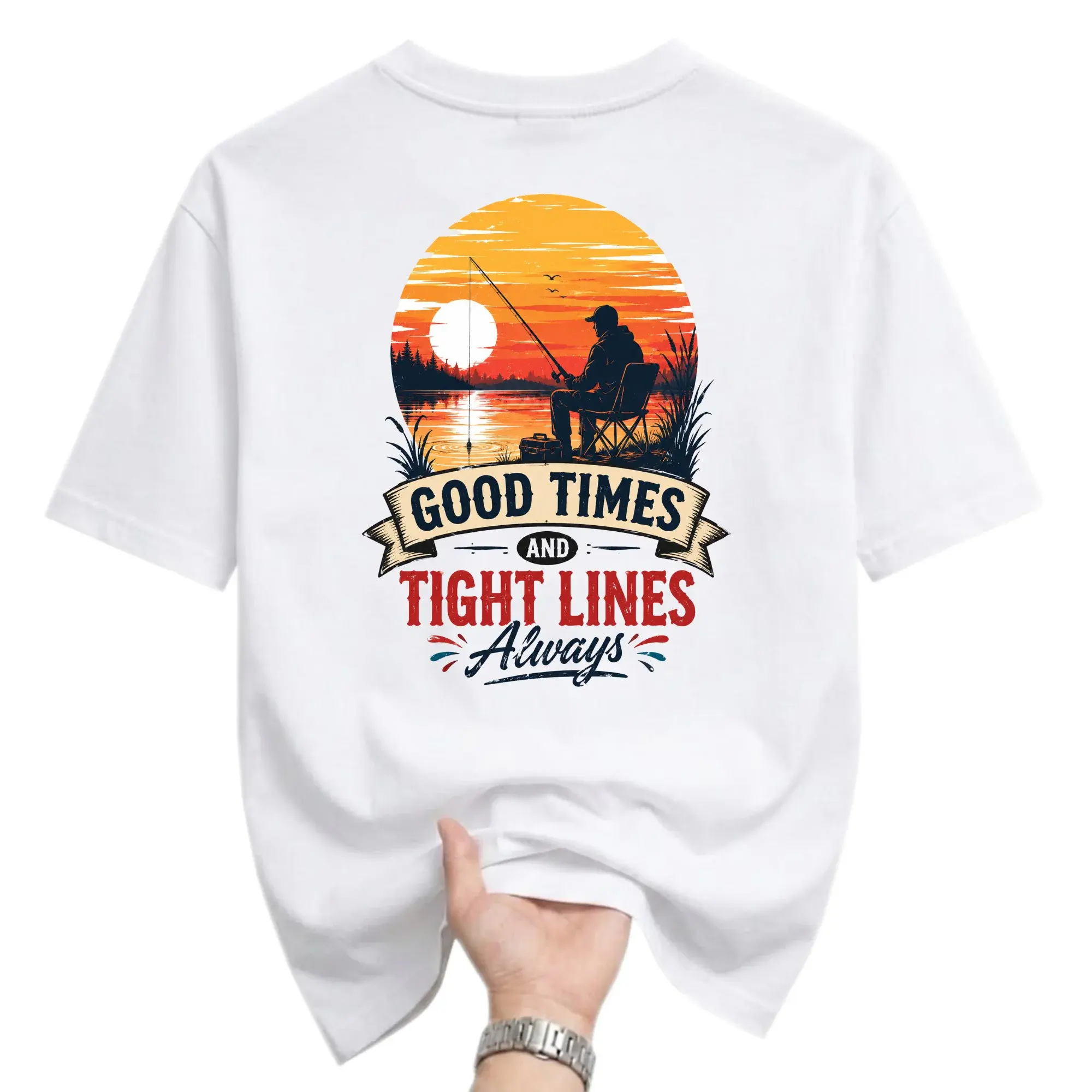 Graphic Tee Good Times and Always Fishing Enthusiast Unisex Crew Neck Shirt Casual Outdoor Apparel White