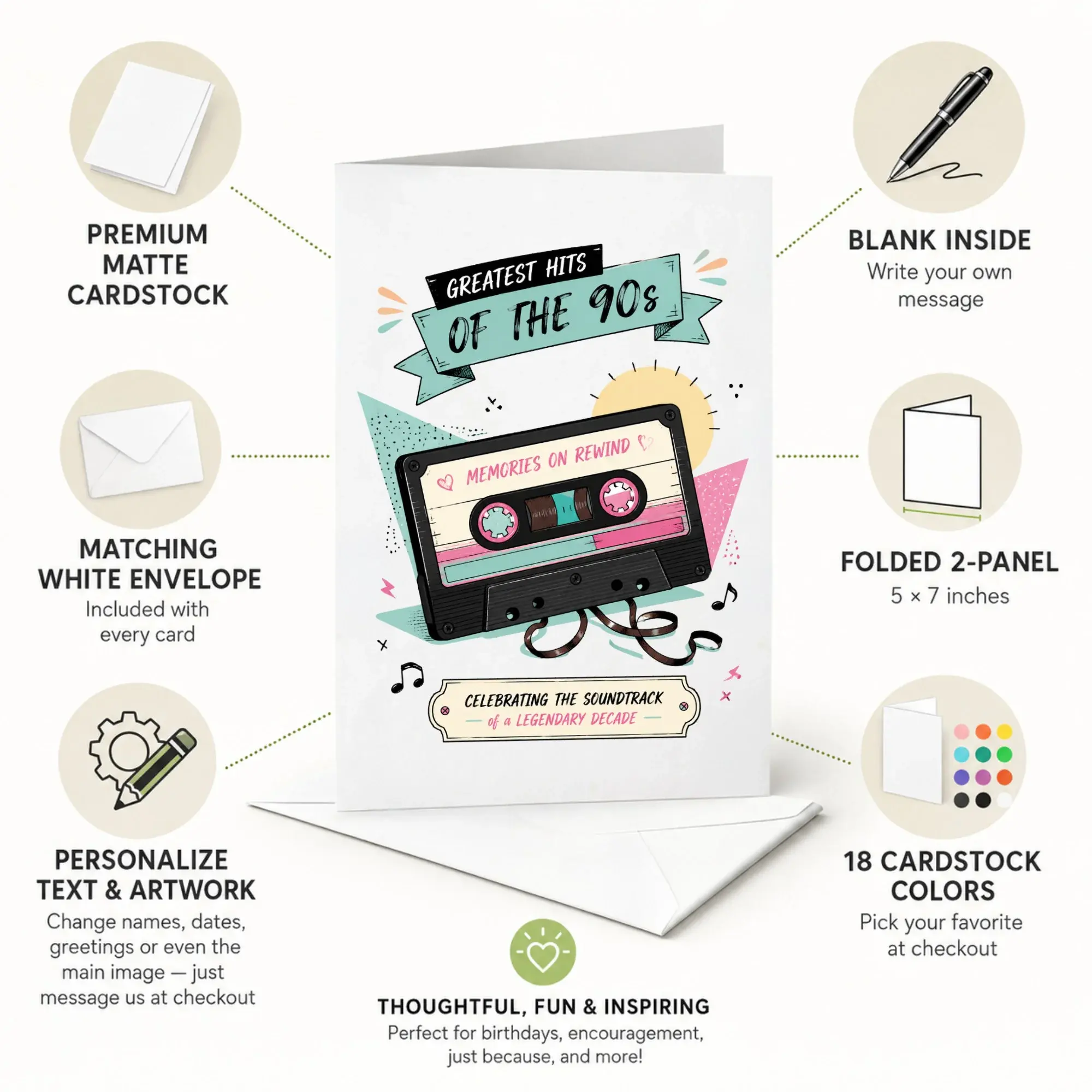 Greeting Card Greatest Hits of the 90s Vintage Cassette Tape Nostalgia Design for Birthdays and Anniversaries