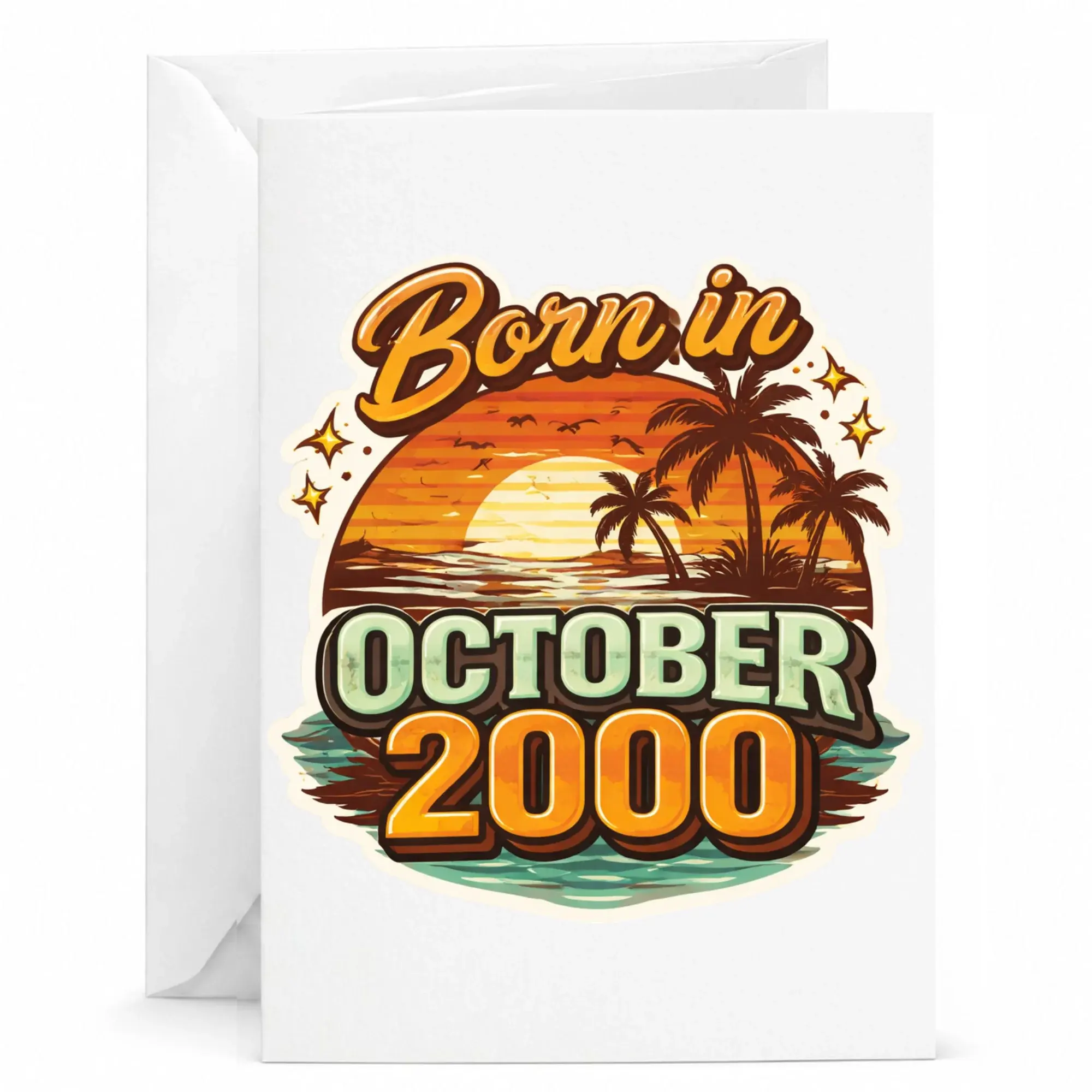 Birthday Card Born in October 2000 Vintage Sunset Palm Tree Design Greeting Card for Milestone Celebration Stationery