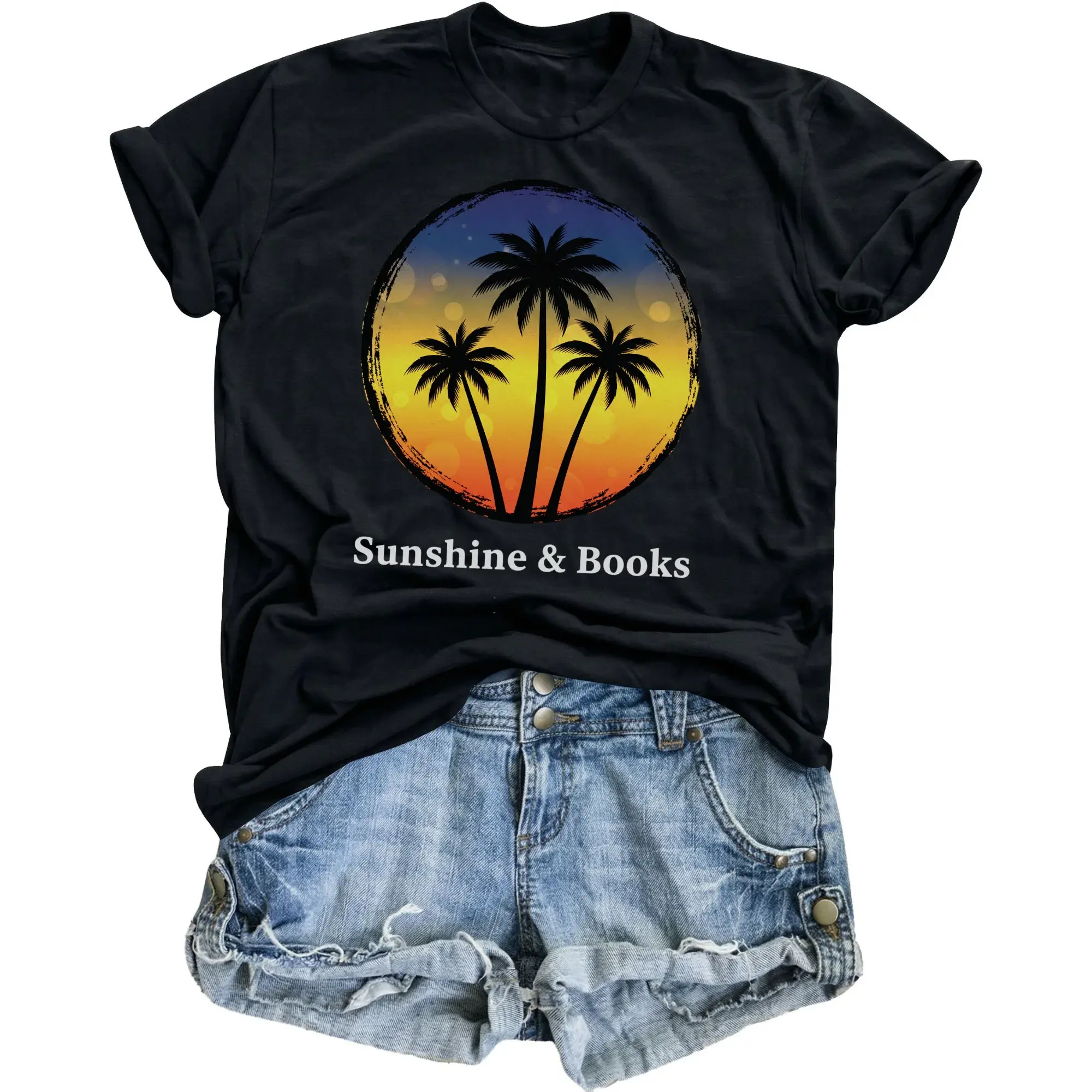 Graphic Tee Sunshine and Books Tropical Sunset Trees Print Unisex Crew Neck Casual Everyday Soft Cotton Shirt