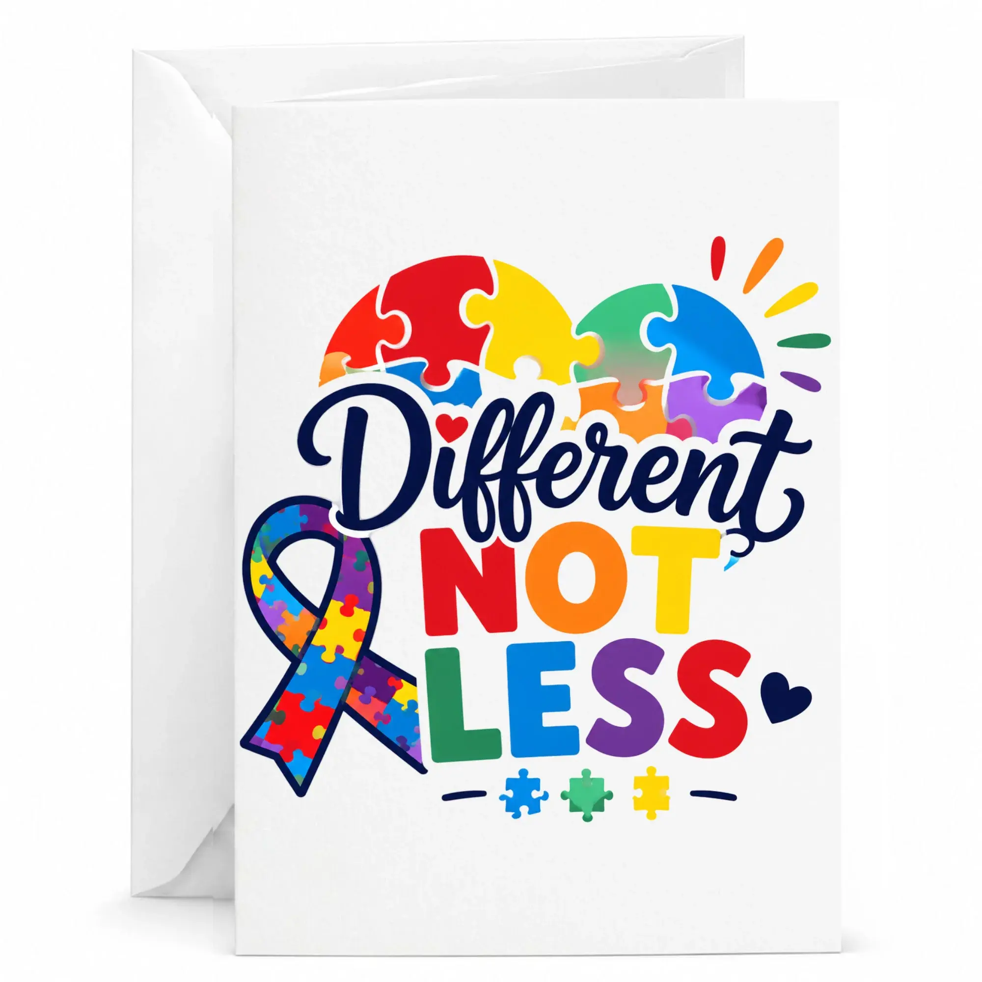 Different Not Less Greeting Card with Puzzle Piece Heart Awareness Design for Encouragement and Celebration