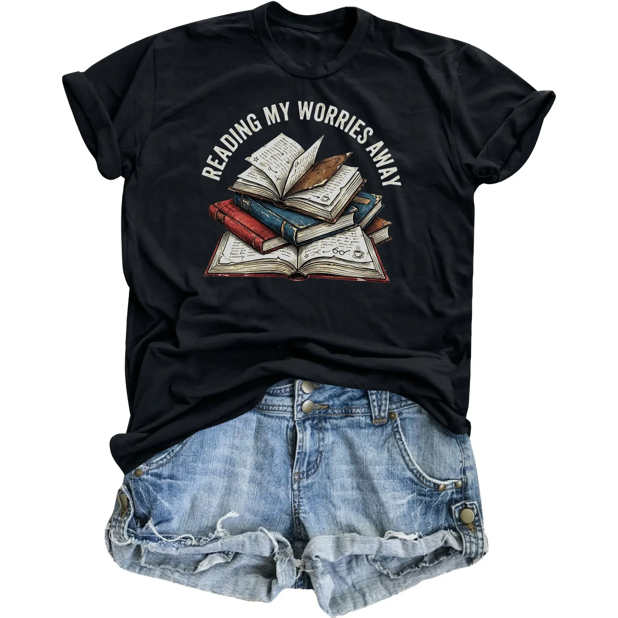 Graphic Tee Reading My Worries Away Unisex Crew Neck T-Shirt Comfortable Soft Cotton Everyday Casual Apparel