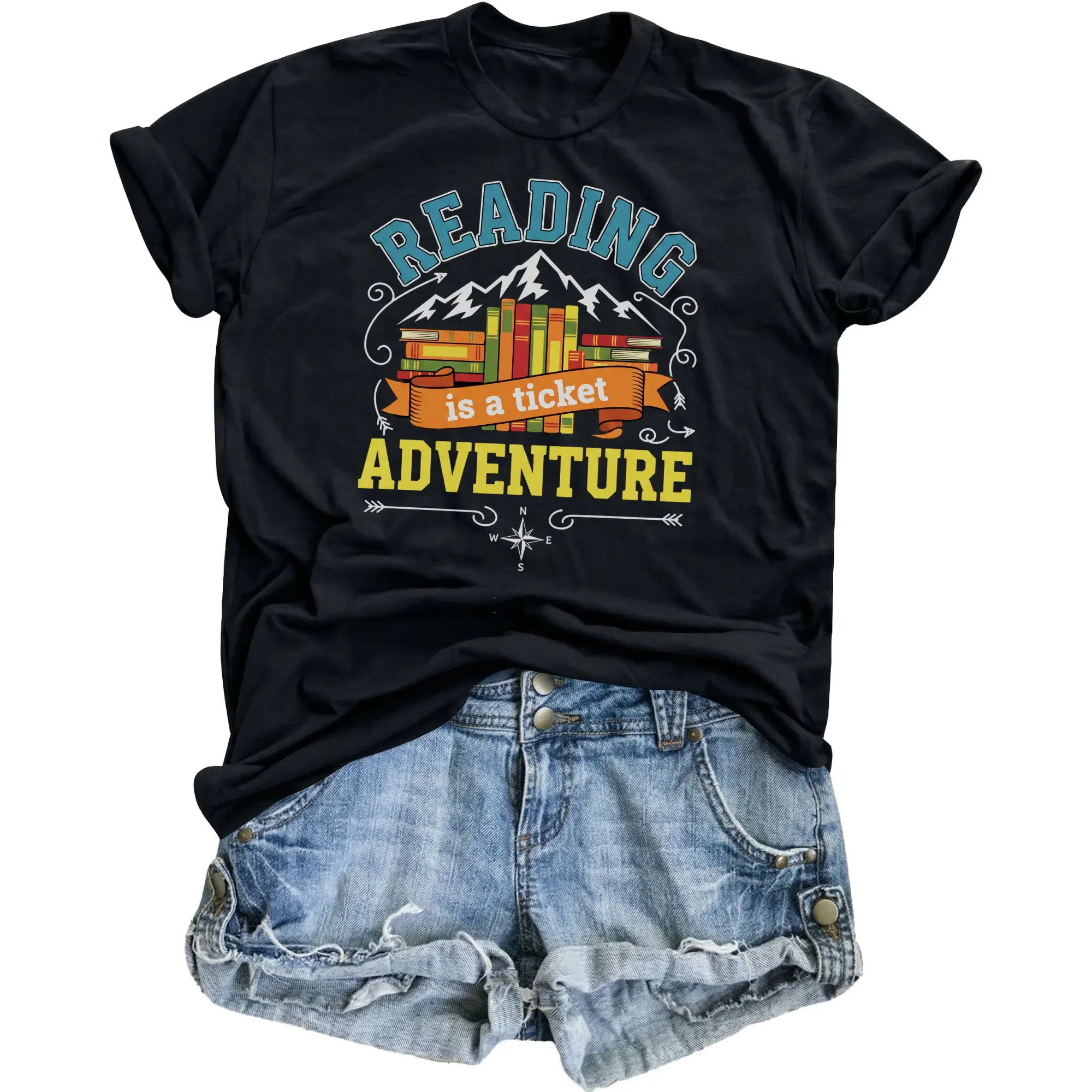 Graphic Tee Reading Is a Ticket to Adventure Unisex T-Shirt Book Lover Casual Crew Neck Short Sleeve Top