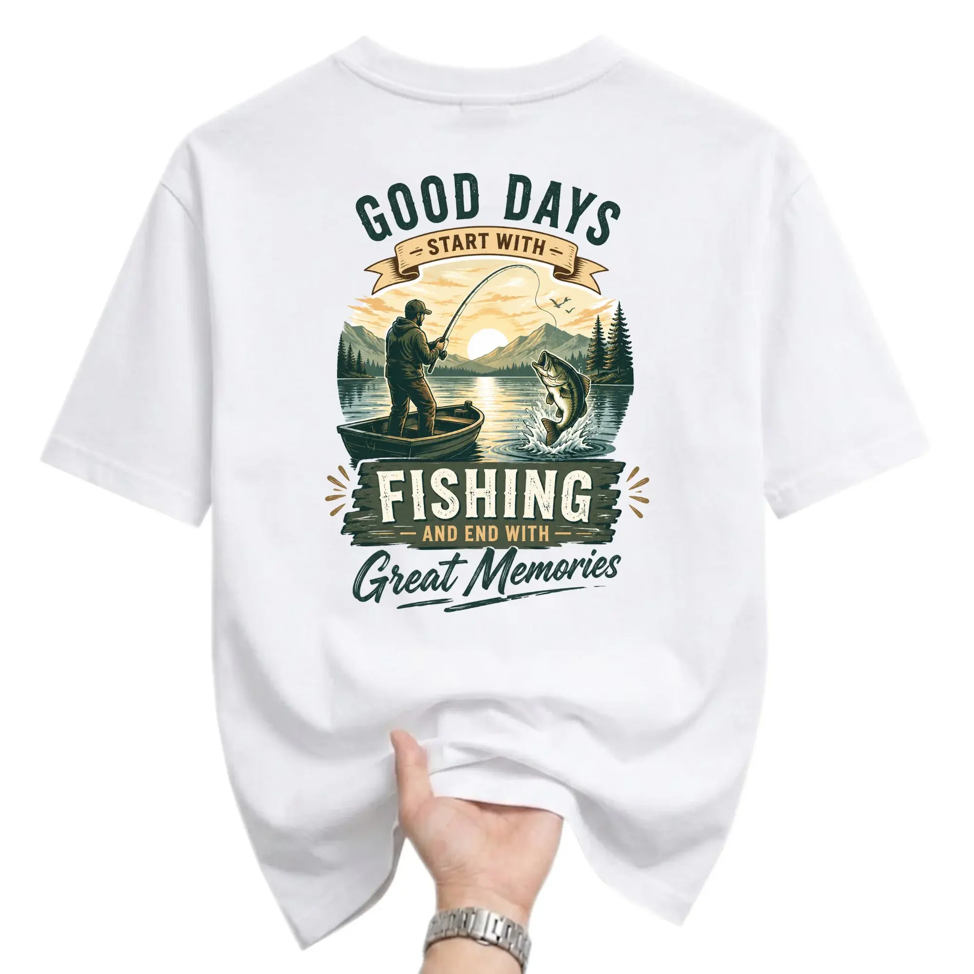 Graphic Tee Good Days Start with Fishing and Great Memories Unisex Crew Neck Casual Cotton Blend Short Sleeve Shirt