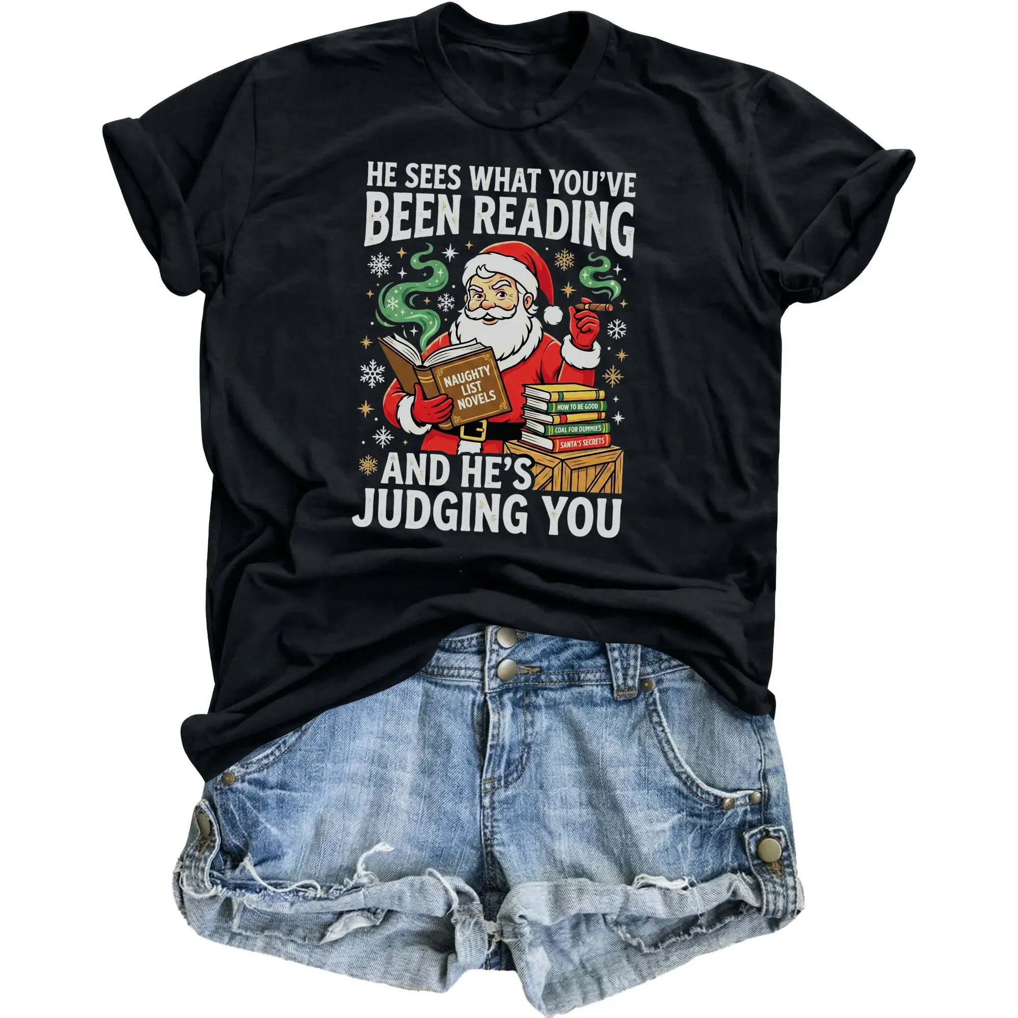 Funny Christmas Graphic Tee Unisex Crew Neck Shirt Santa Book Gift for Holiday Season Party Apparel