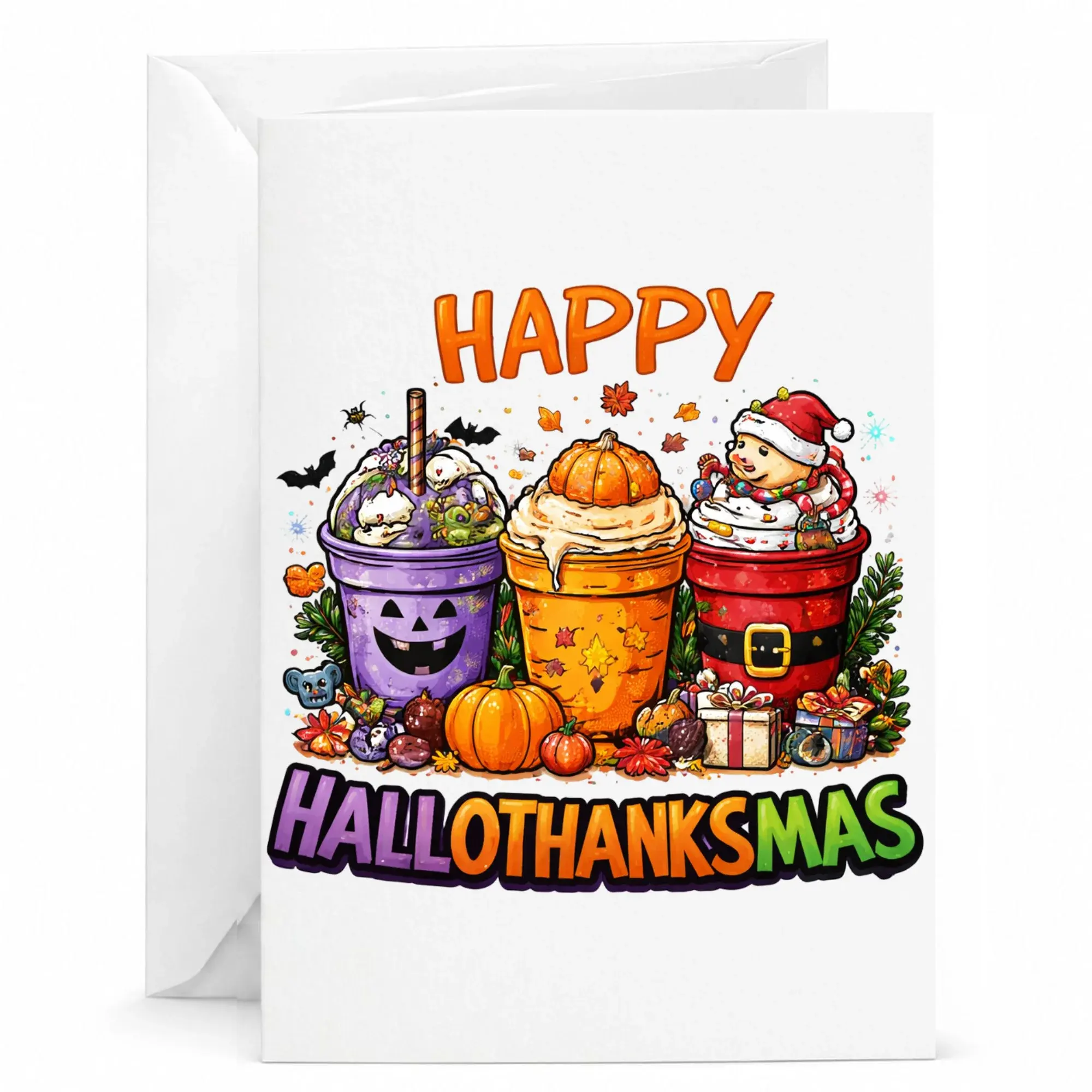 Funny Hallothanksmas Greeting Card with Seasonal Drink Illustration and Matching White Envelope for Holiday Wishes