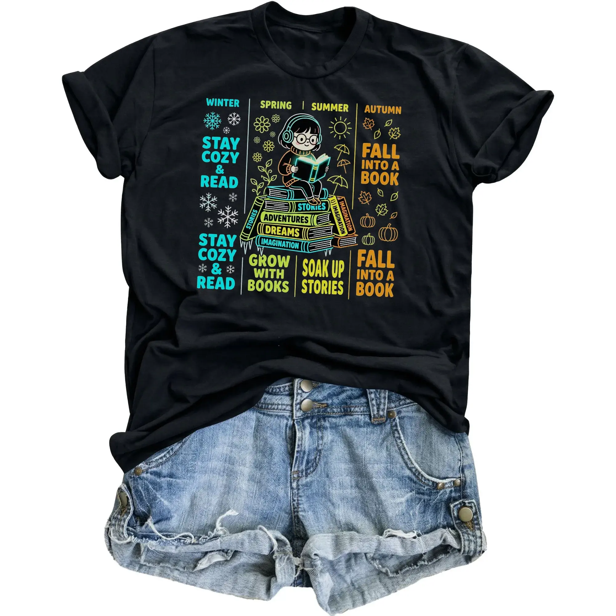 Graphic Tee Reading Enthusiast Unisex Crew Neck Shirt Seasonal Bookworm Design Comfortable Casual Cotton Apparel