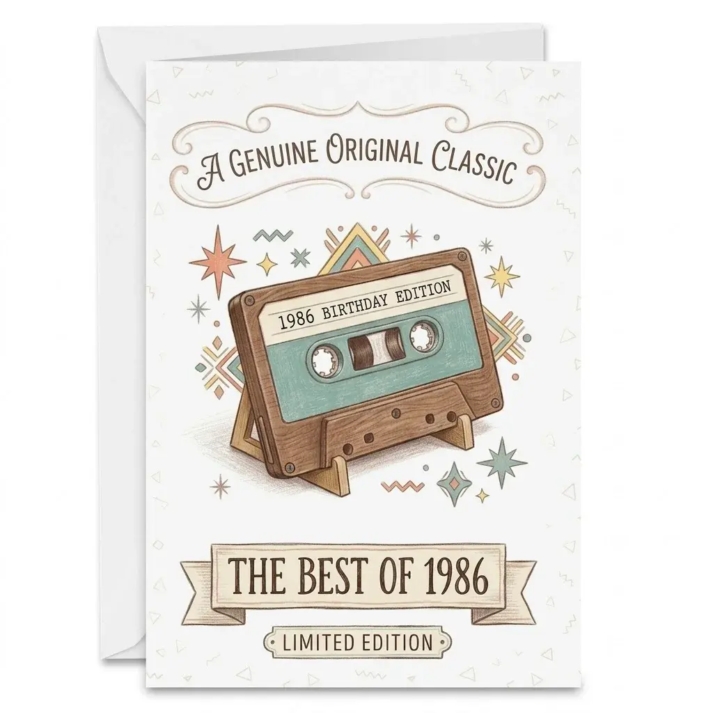 Vintage 1986 Cassette Tape Folded Greeting Card - Retro Birthday Edition 5x7 Inch