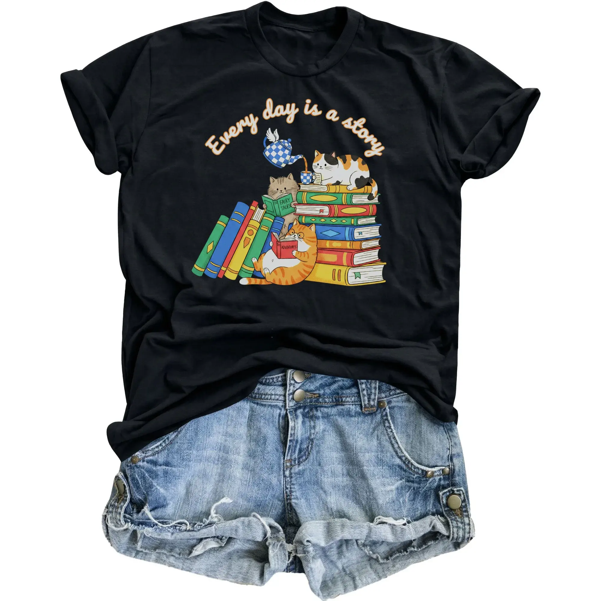 Graphic Tee Every Day Is a Story Cute Reading Cats Shirt Artistic Literary Apparel for Casual Everyday Wear