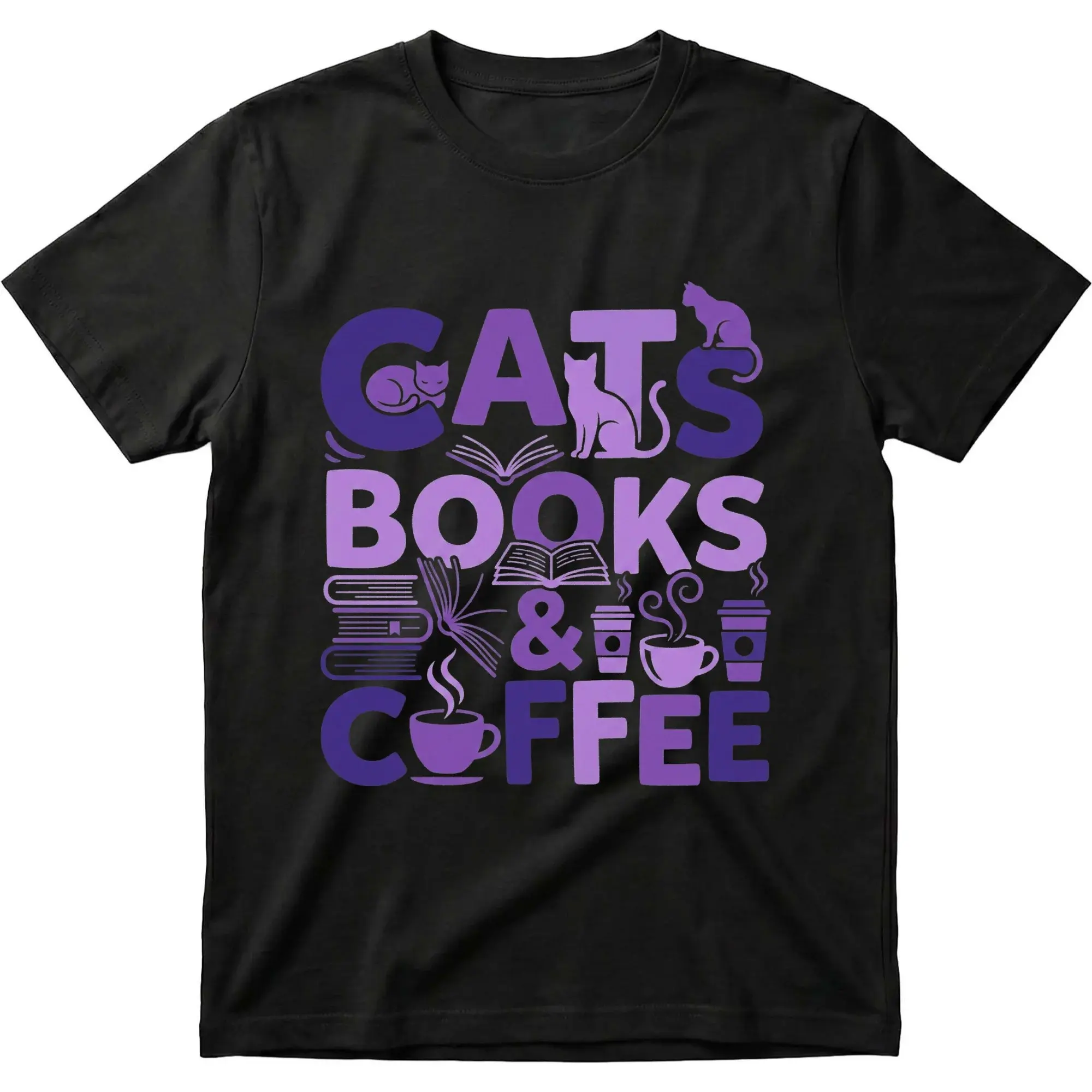 Graphic Tee Cats Books and Coffee Unisex T-Shirt Casual Everyday Apparel with Purple Typography Design