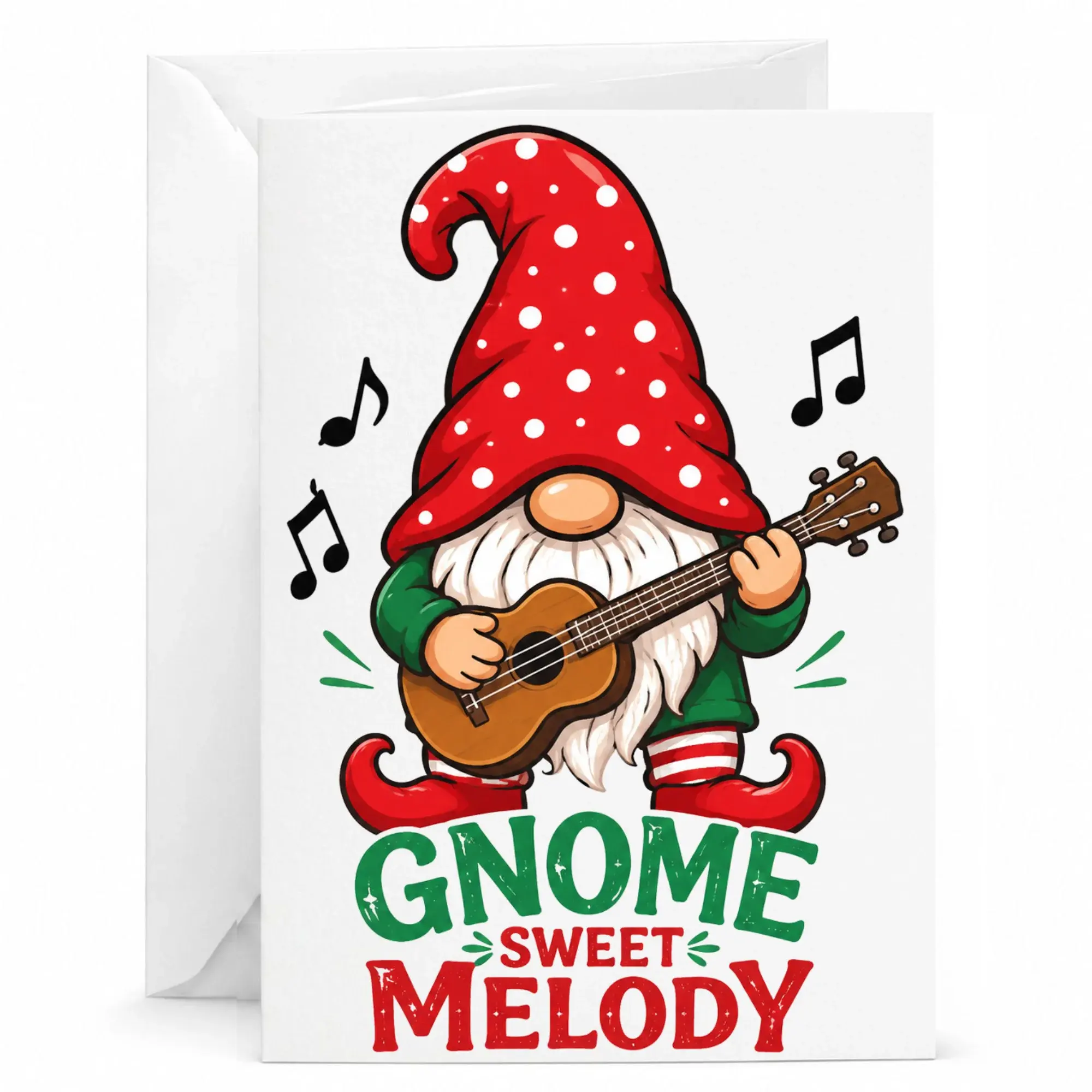 Funny Gnome Sweet Melody Greeting Card, Cute Musical Garden Character Playing Guitar Illustrated Note Card with Envelope
