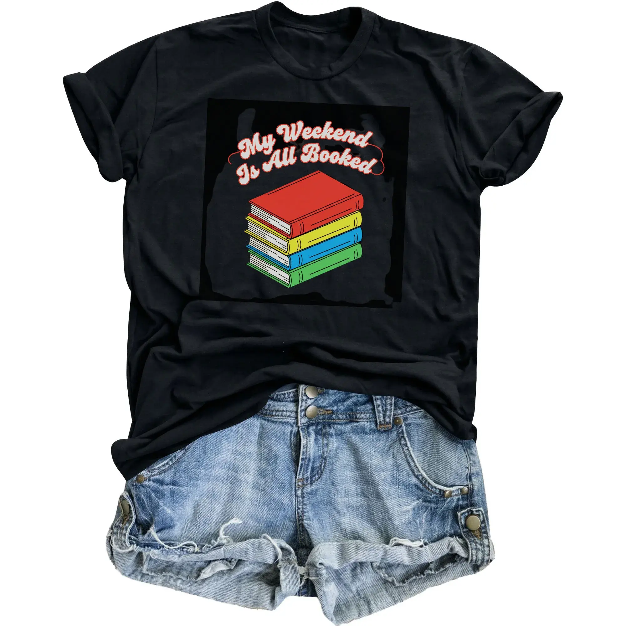 Funny Shirt My Weekend Is All Booked Graphic Tee Retro Reading Enthusiast Unisex Casual Short Sleeve Crew Neck Top