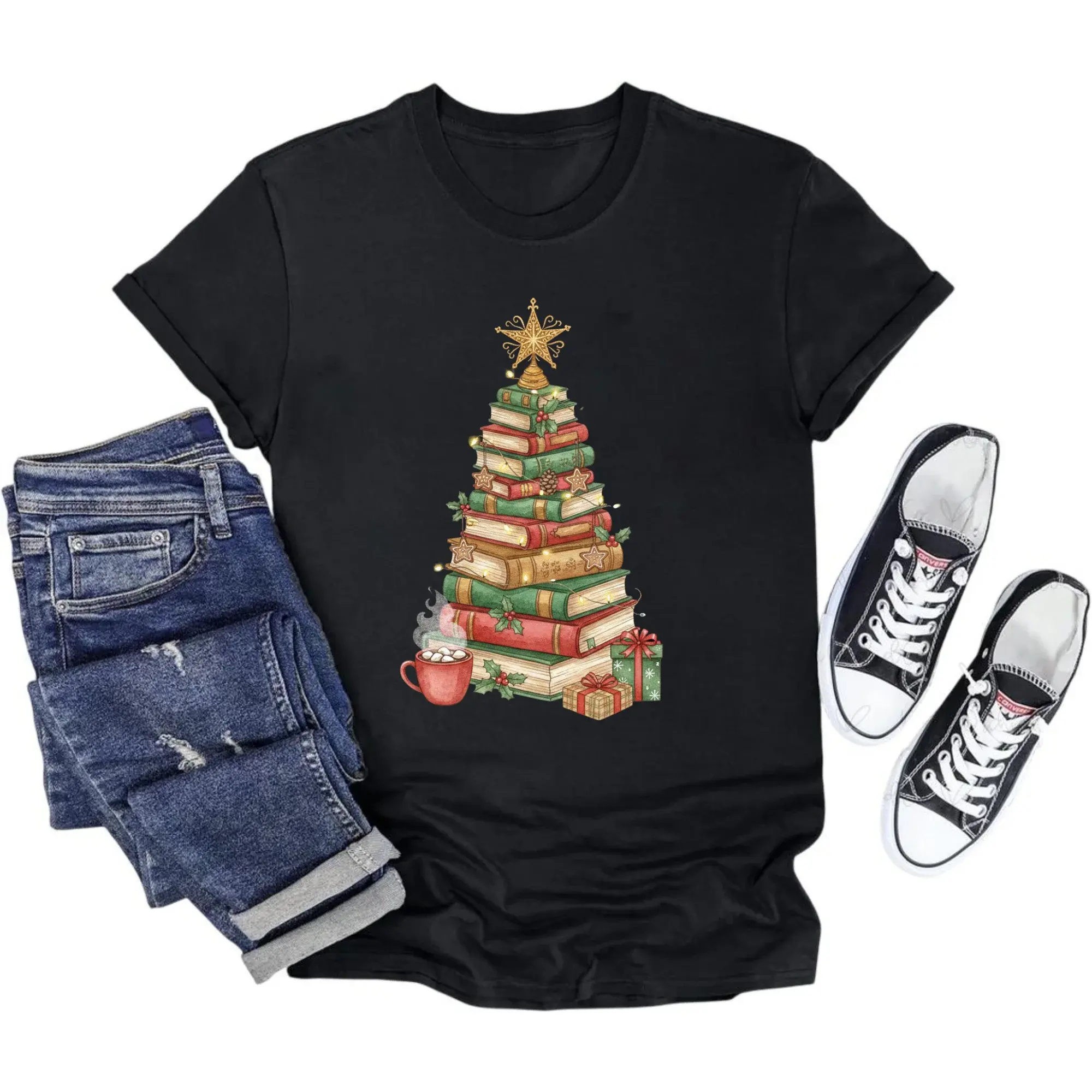 Graphic Tee Book Lover Christmas Tree Shirt Seasonal Unisex Crew Neck Apparel for Casual Holiday Outfits and Events