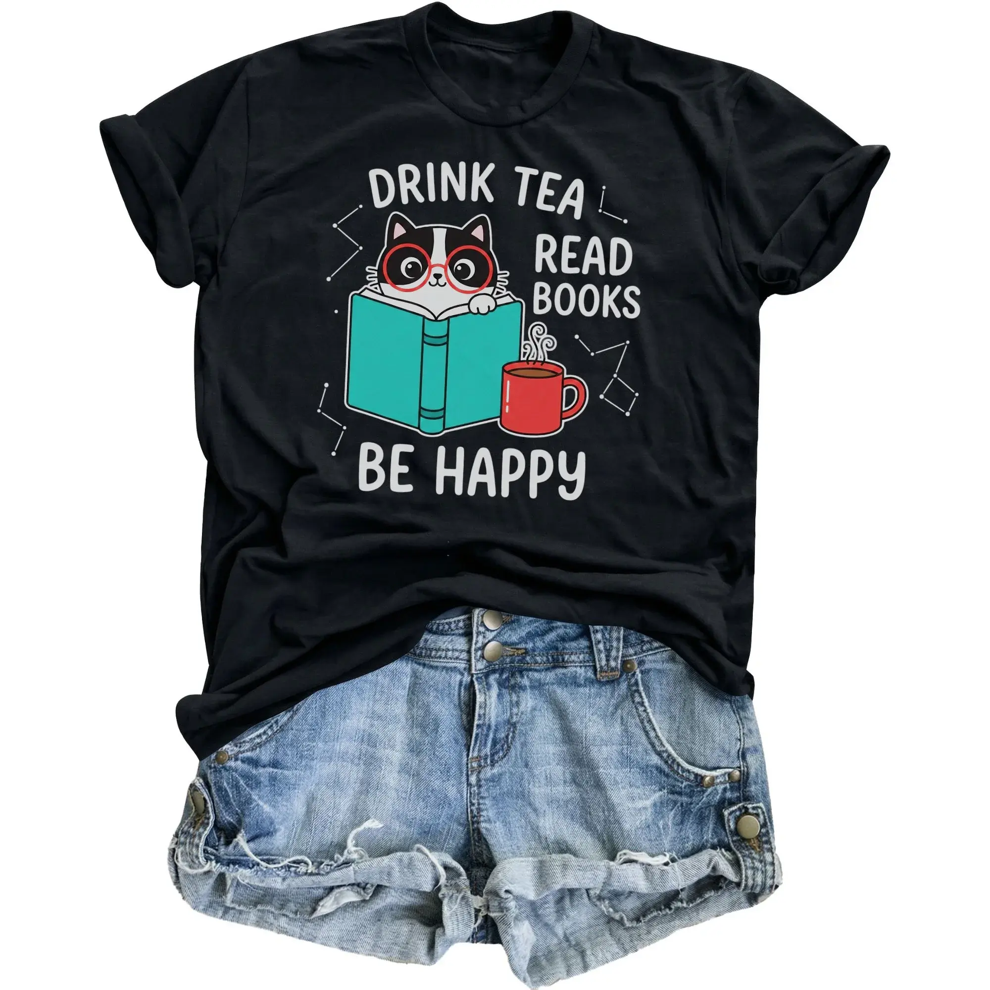 Graphic Tee Drink Tea Read Books Be Happy Cat Illustration Unisex Crew Neck Soft Cotton Casual Apparel Shirt