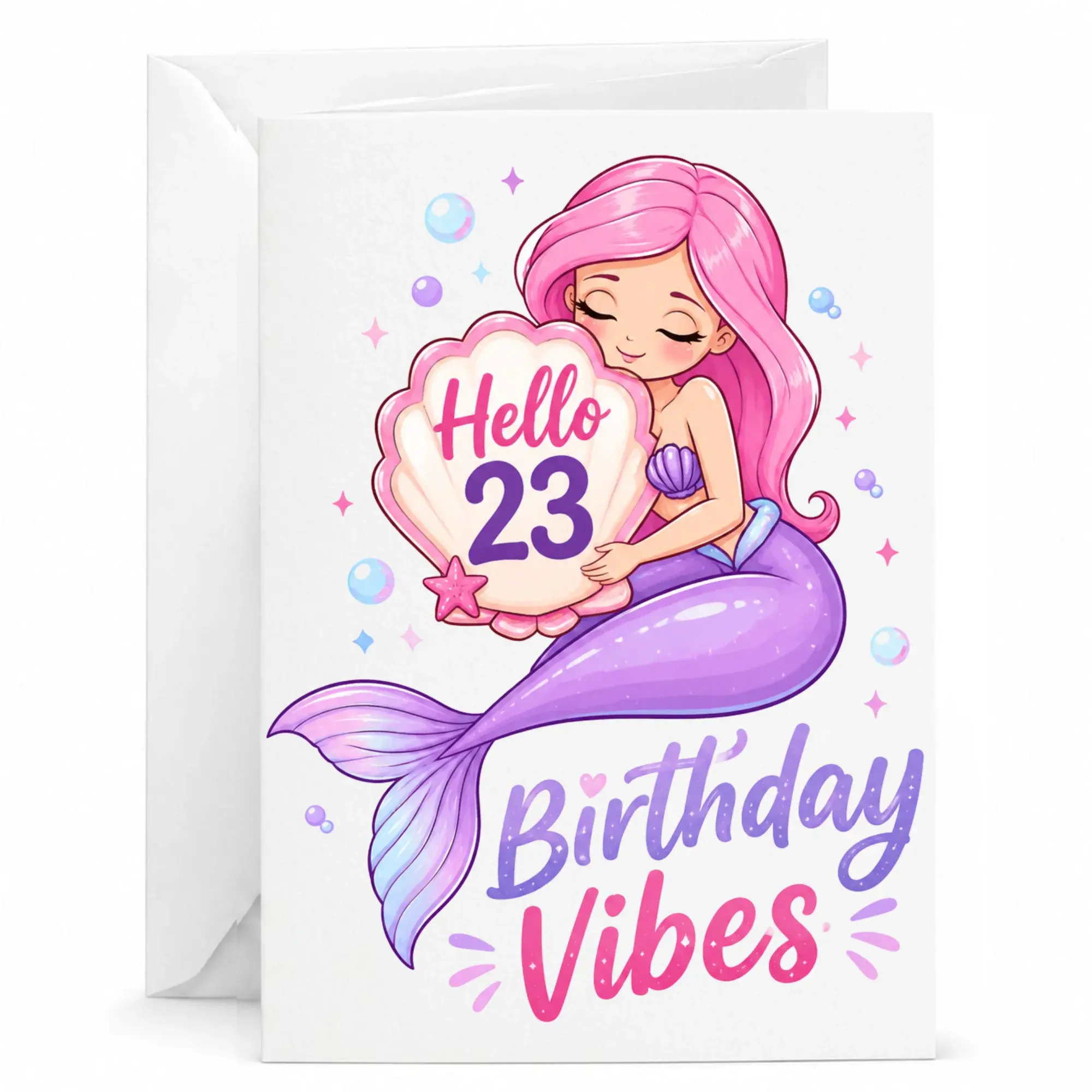 Birthday Card Hello 23 Birthday Vibes Mermaid Illustration for Women and Teens Greeting Card with Matching Envelope