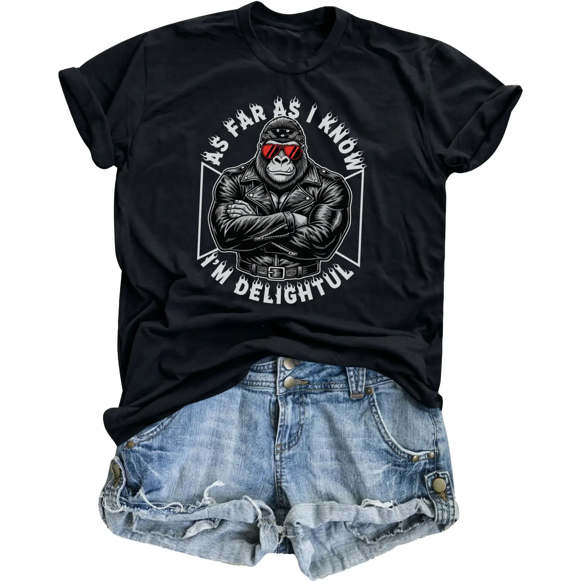 Funny Graphic Tee Shirt as Far as I Know I Am Delightful Biker Design Unisex Crew Neck Casual Cotton Top
