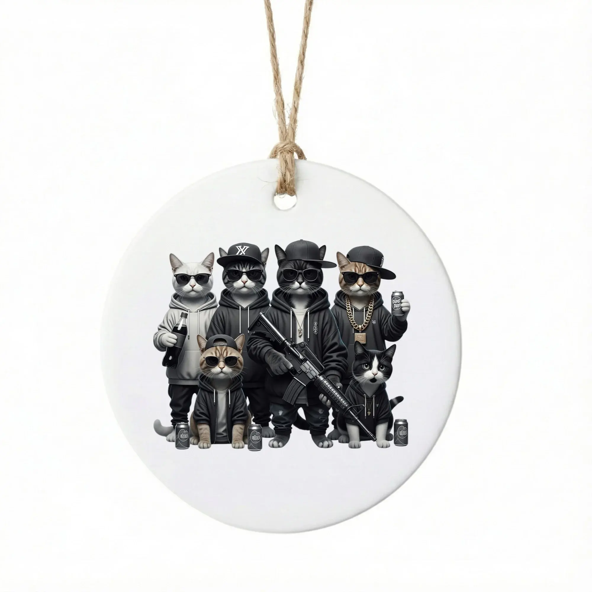 Christmas Ornament Ceramic Hanging Decoration Featuring Cool Cats in Hoodies and Sunglasses Graphic Design Keepsake