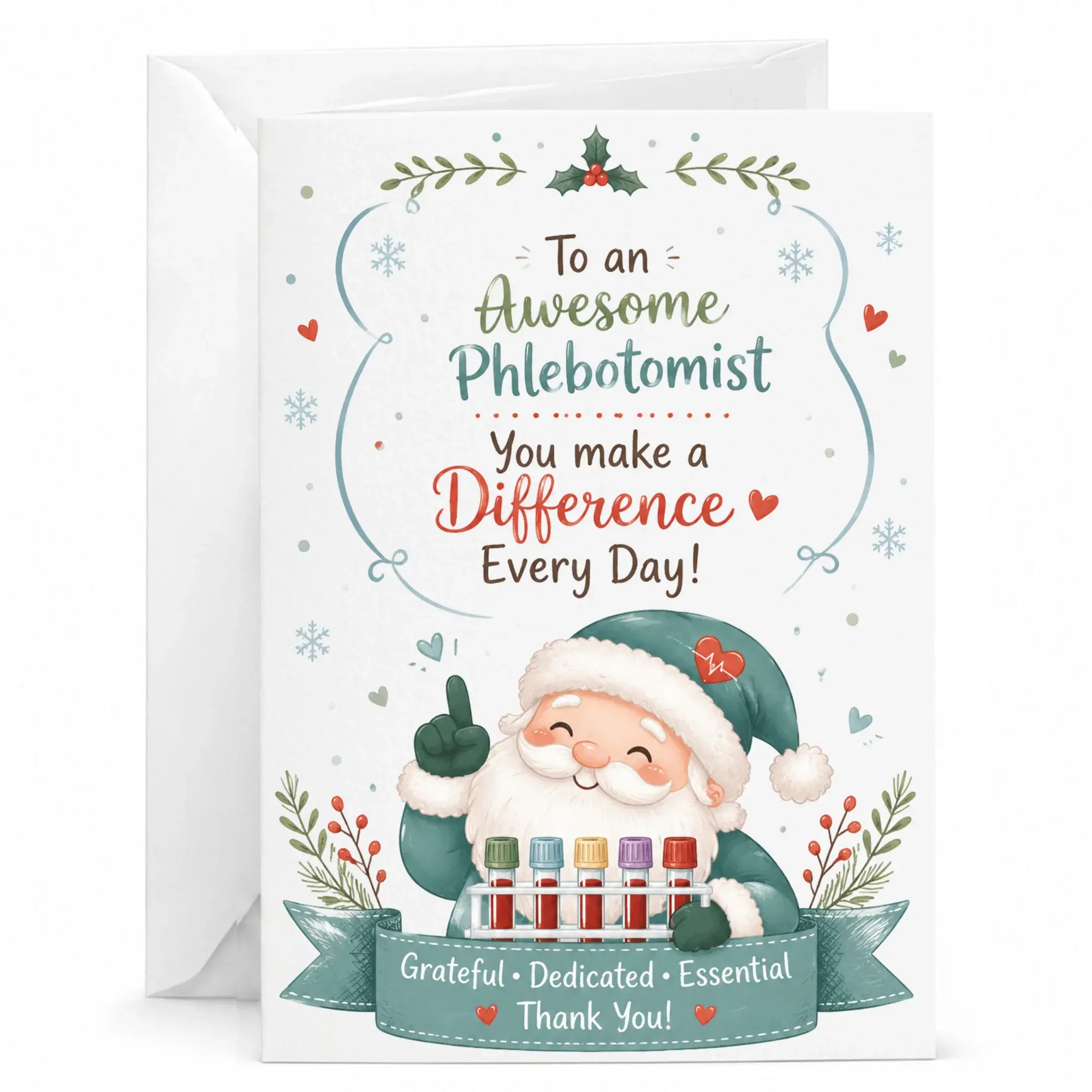 Greeting Card for Phlebotomist Holiday Appreciation Featuring Santa with Test Tubes Design 5x7 Inches