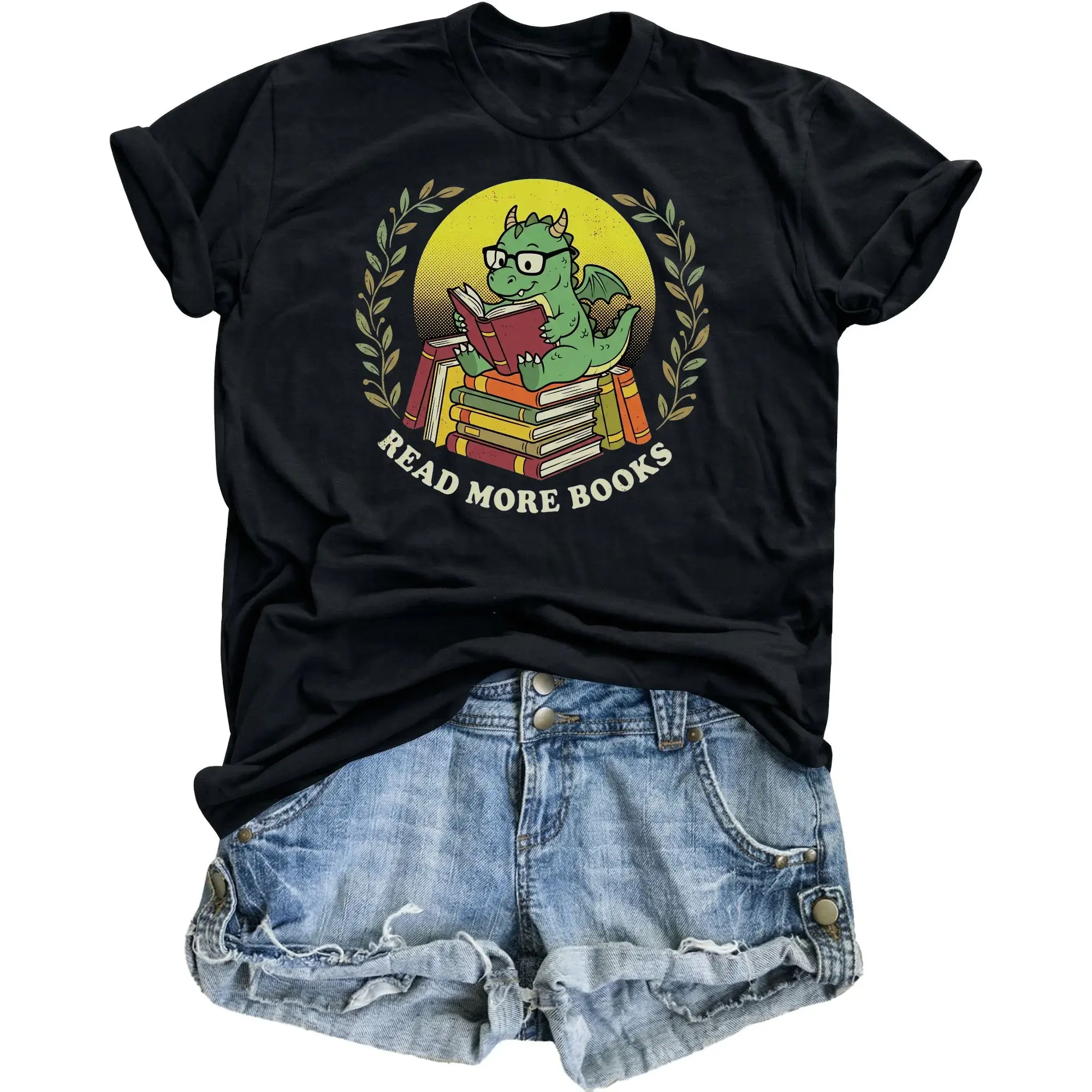 Graphic Tee Read More Books Cute Reading Dragon Illustration Unisex Casual Crew Neck Comfortable Cotton Blend Shirt