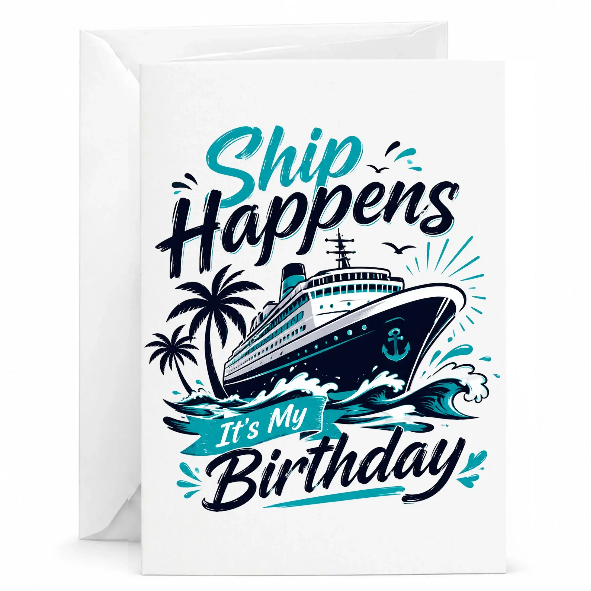Funny Ship Happens Birthday Card Nautical Greeting Card with Envelope for Ocean Lovers and Cruise Enthusiasts