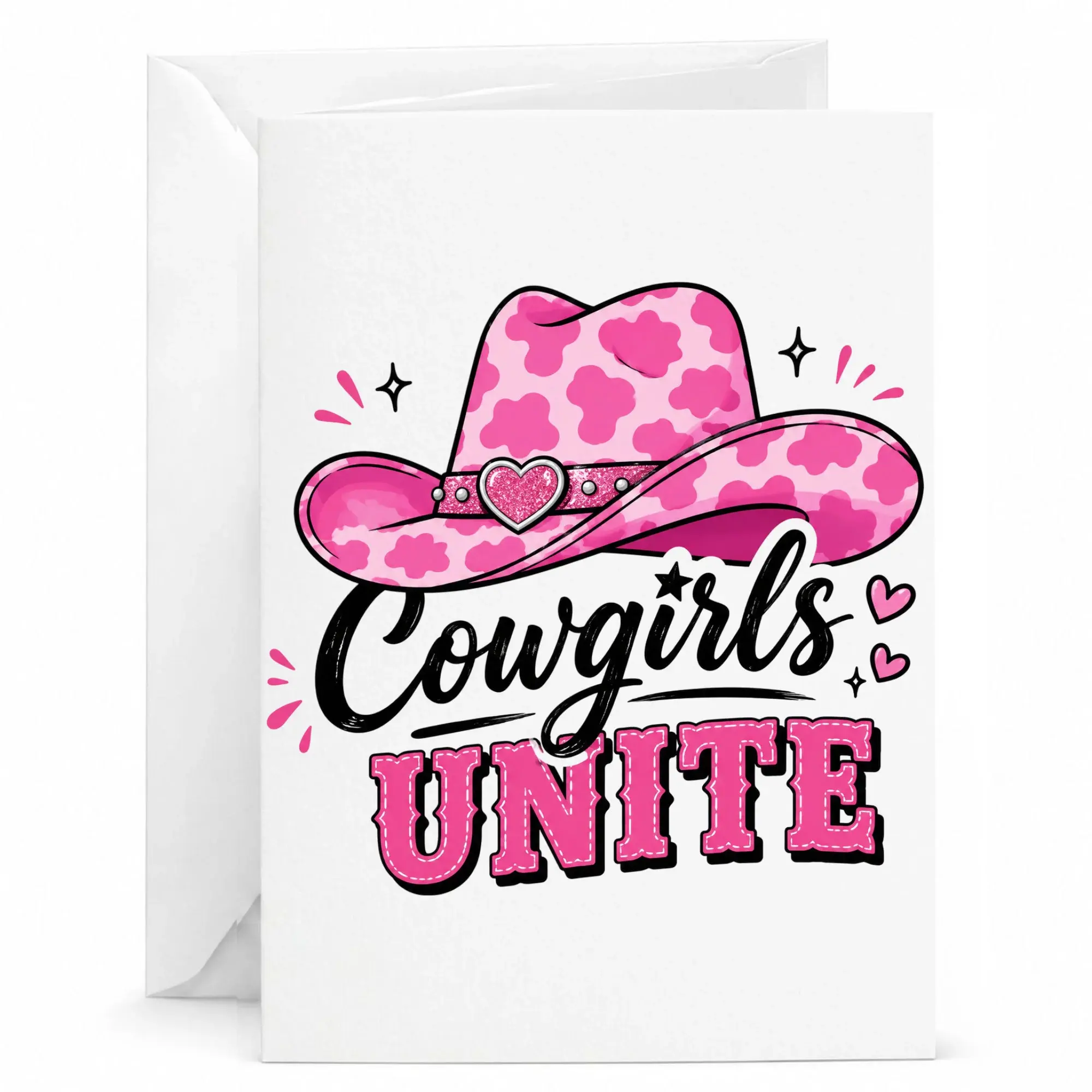 Greeting Card Cowgirls Unite Pink Cow Print Western Theme Stationery for Birthday Celebrations and Special Occasions