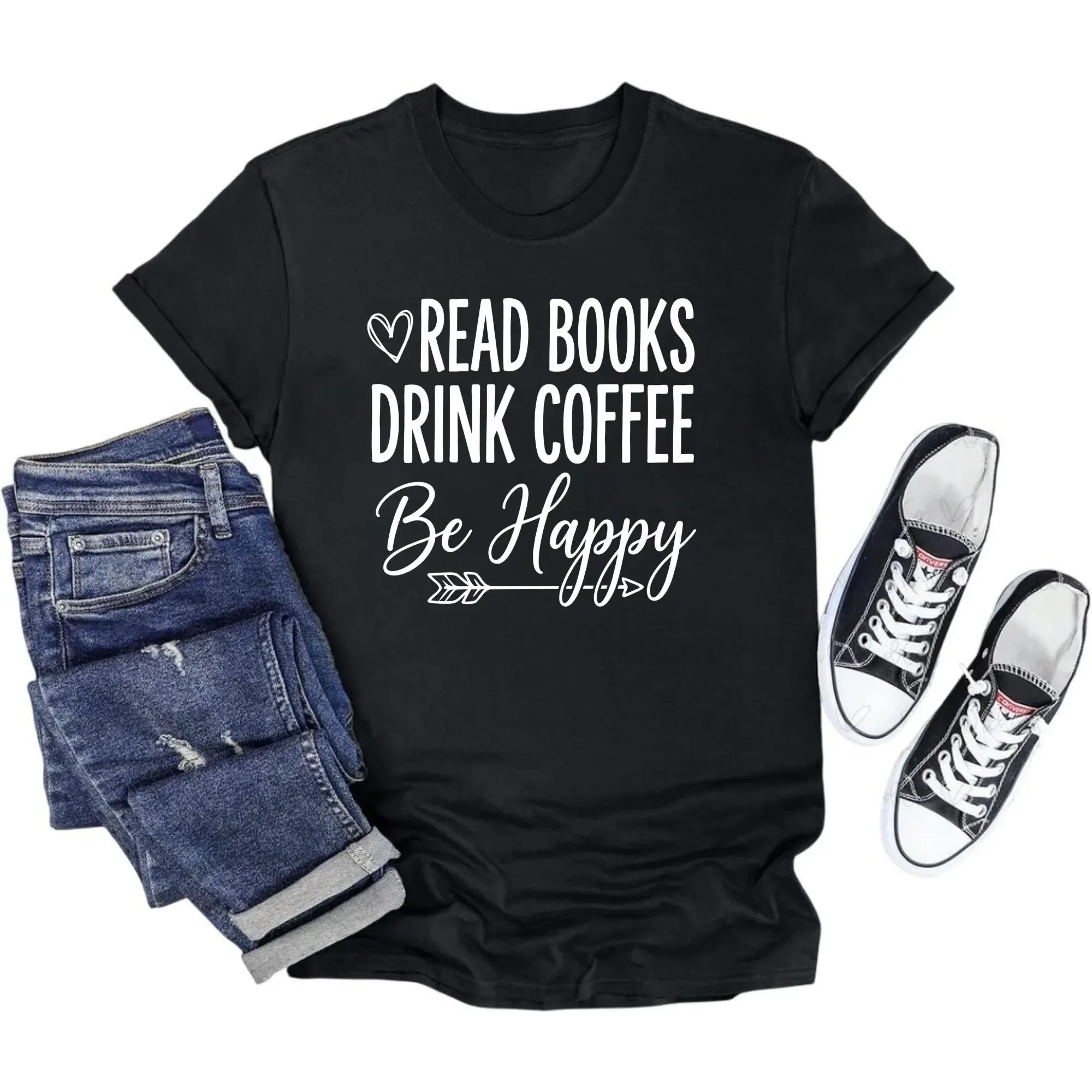 Graphic Tee Read Books Drink Coffee Be Happy Unisex Crew Neck T-Shirt for Casual Everyday Comfortable Wear