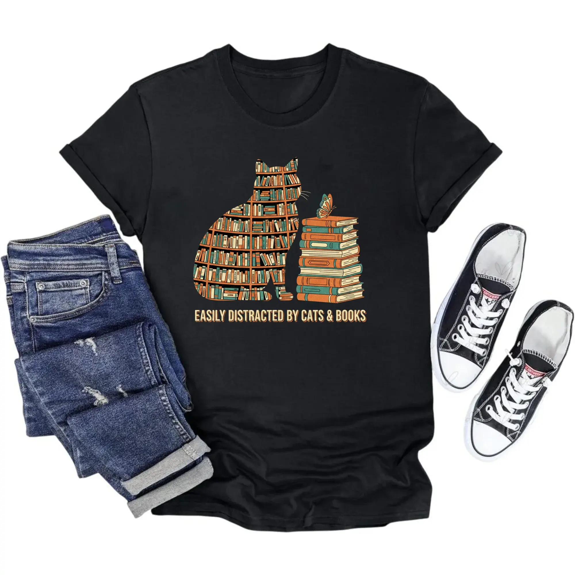 Funny Graphic Tee Easily by Cats and Books Shirt Unisex Crew Neck Short Sleeve Cotton Casual Apparel Top