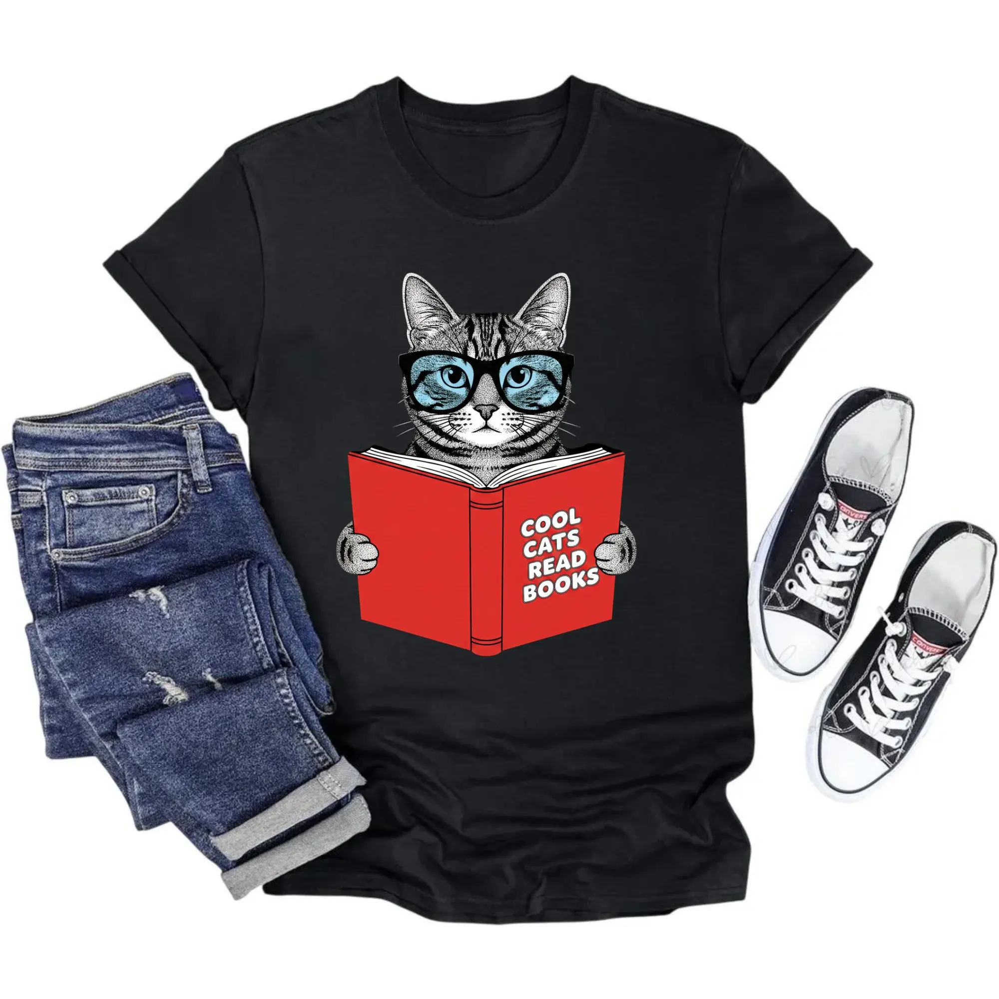 Funny Cat Graphic T-Shirt Cool Cats Read Books Illustration Unisex Crew Neck Soft Cotton Blend Everyday Casual Tee