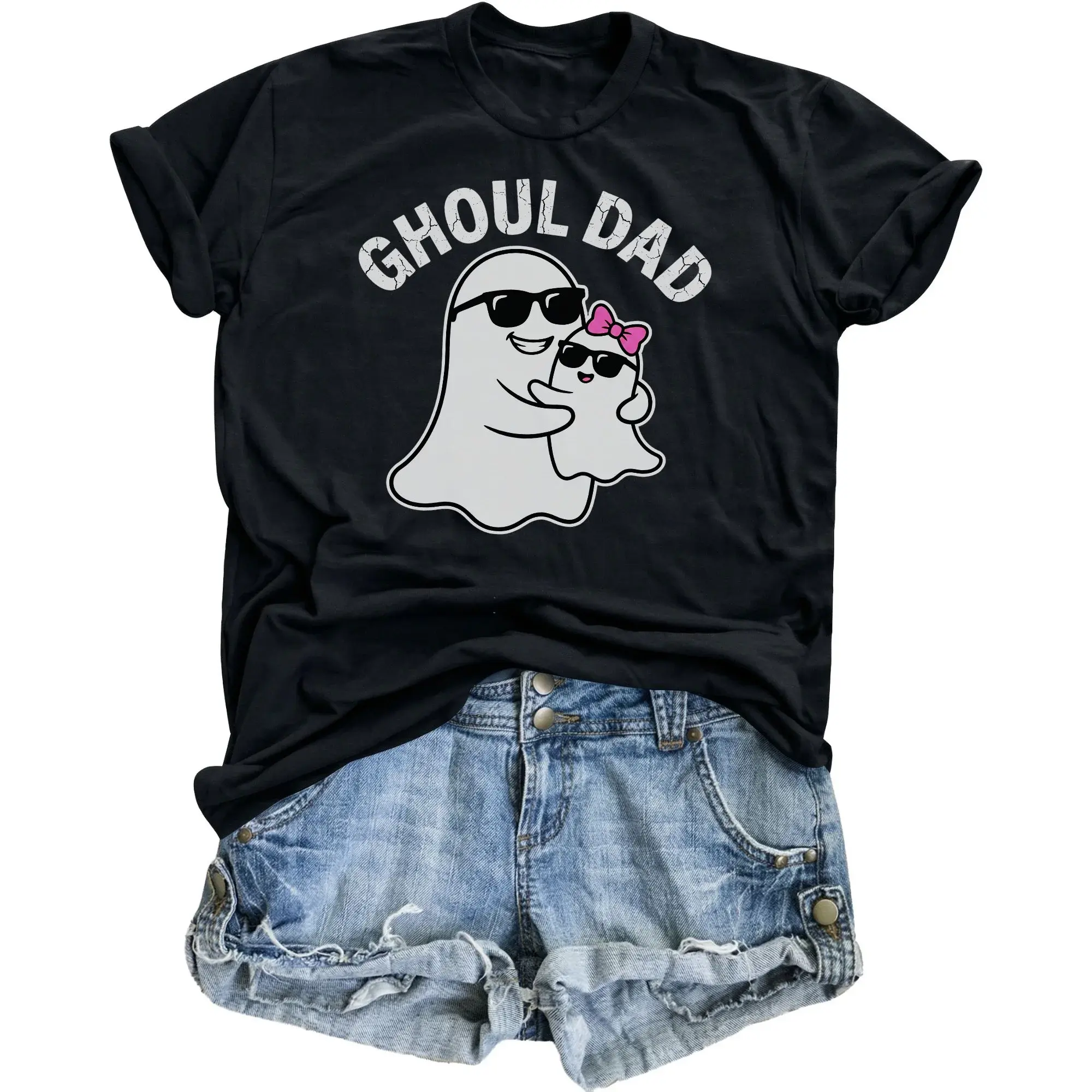 Funny Ghoul Dad Graphic Printed T-Shirt Casual Unisex Crew Neck Top for Halloween Enthusiasts and Days