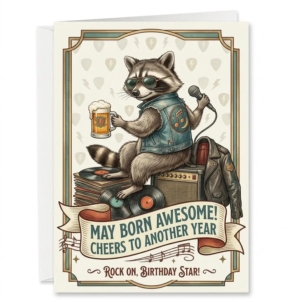 Funny Birthday Greeting Card with Envelope May Born Awesome Rock and Roll Retro Raccoon Theme Card for Milestone Celebration