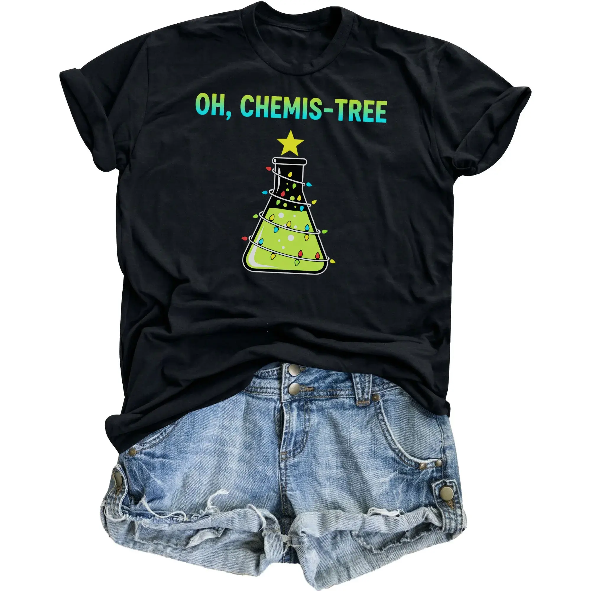 Funny Chemistry Science Pun T-Shirt Oh Chemis-Tree Holiday Graphic Tee Soft Cotton Comfortable Casual Wear Top