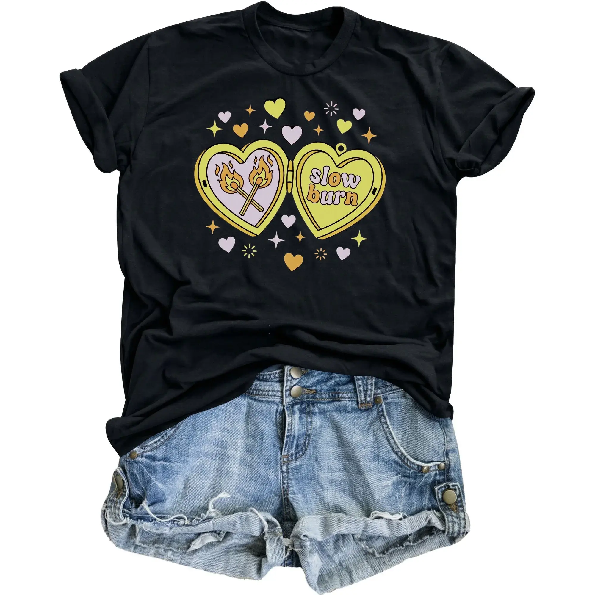 Graphic Tee Slow Burn Heart Locket Unisex T-Shirt Retro Style Apparel for Everyday Casual Wear and Expression
