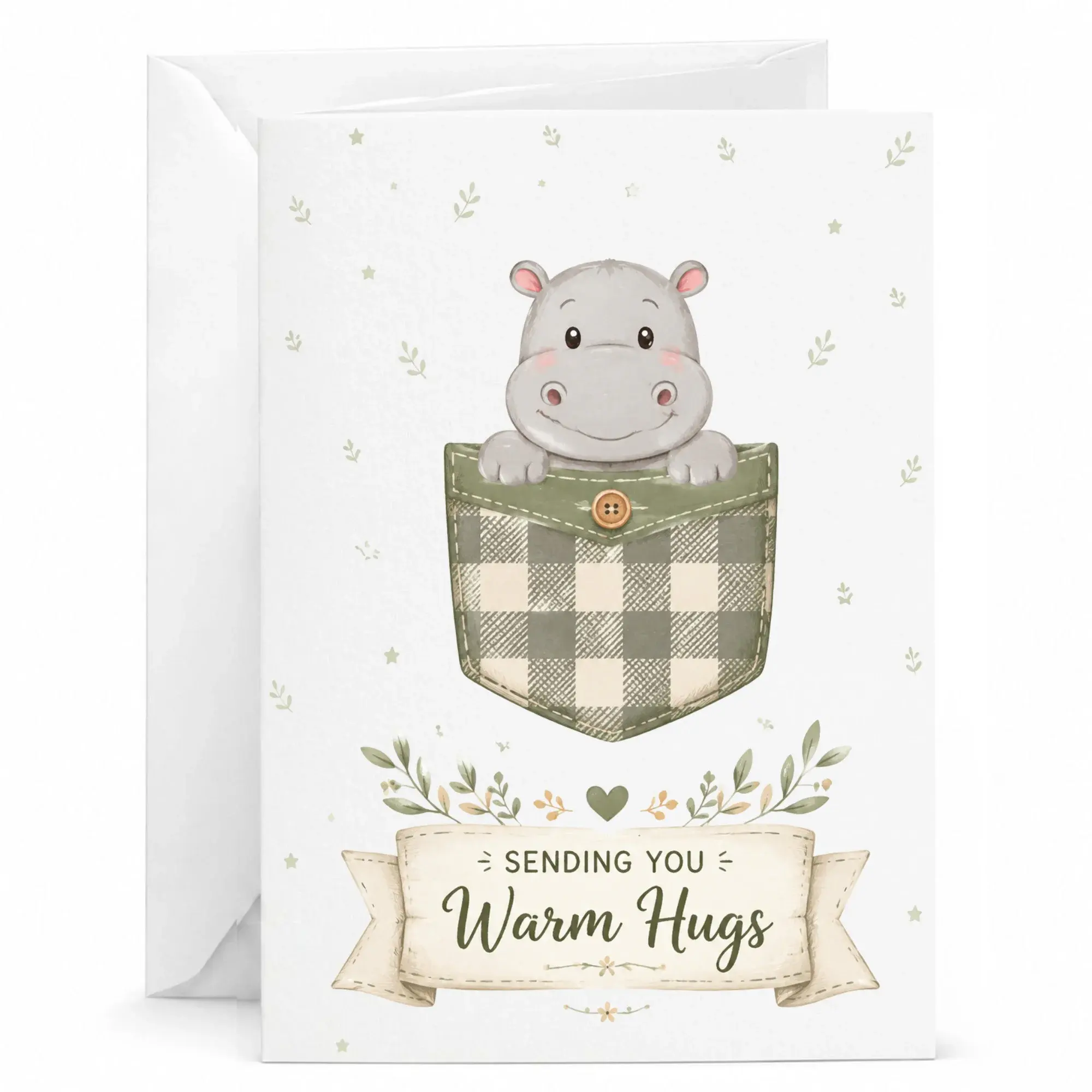 Greeting Card with Cute Hippo in Pocket Design Sending You Warm Hugs Sentiment for Personal Handwritten Notes