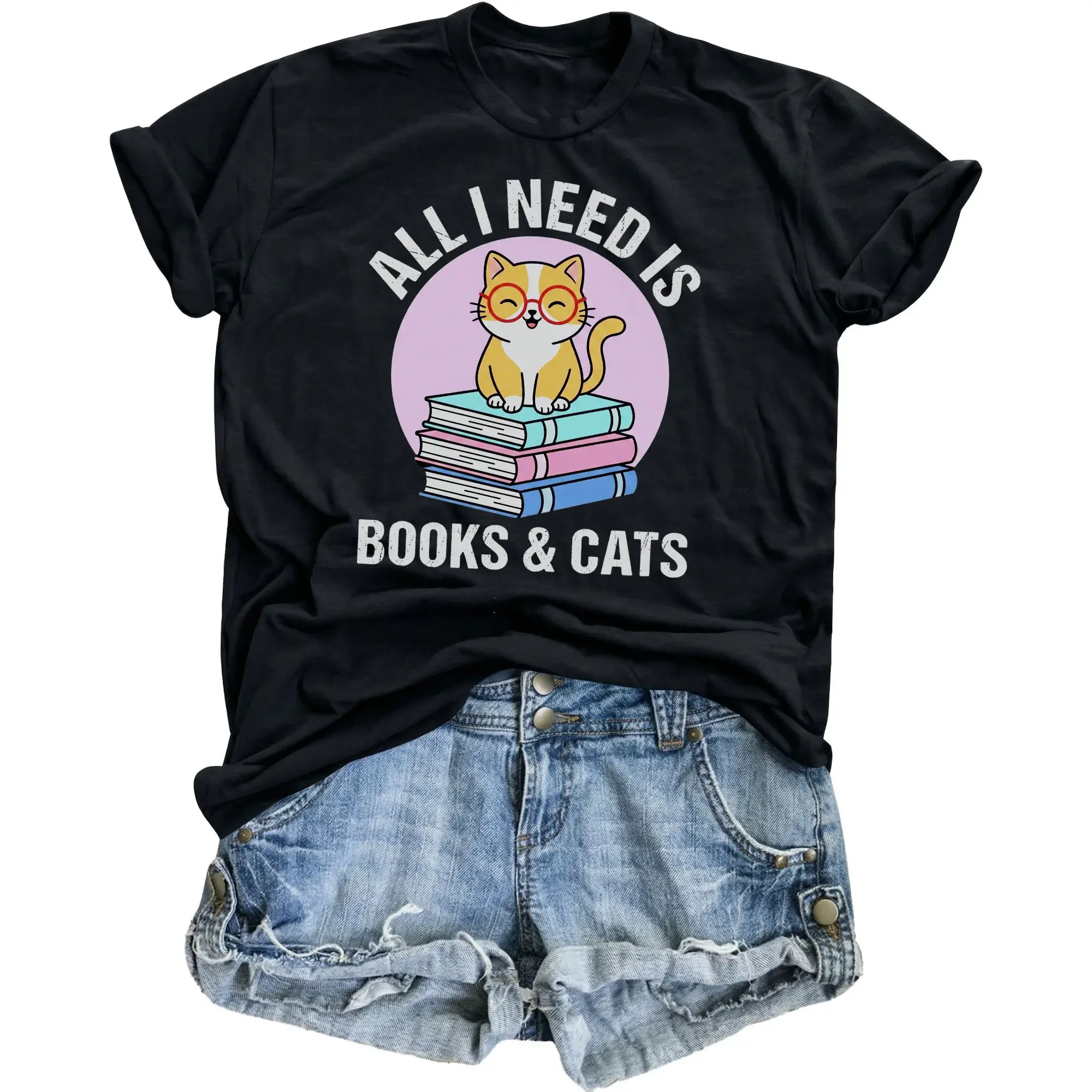 Graphic Tee All I Need Is Books and Cats Unisex Crew Neck Soft Cotton Blend Apparel for Reading Feline Enthusiasts