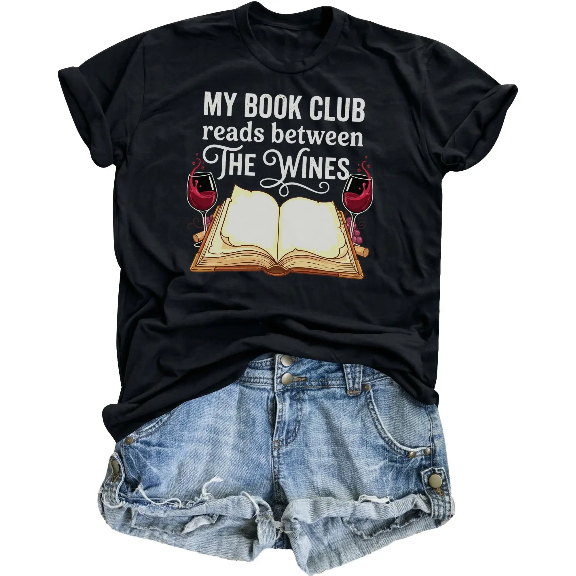 Funny Shirt for Wine Lovers Graphic Tee My Book Club Reads Between the Wines Unisex Crew Neck Casual Cotton Top