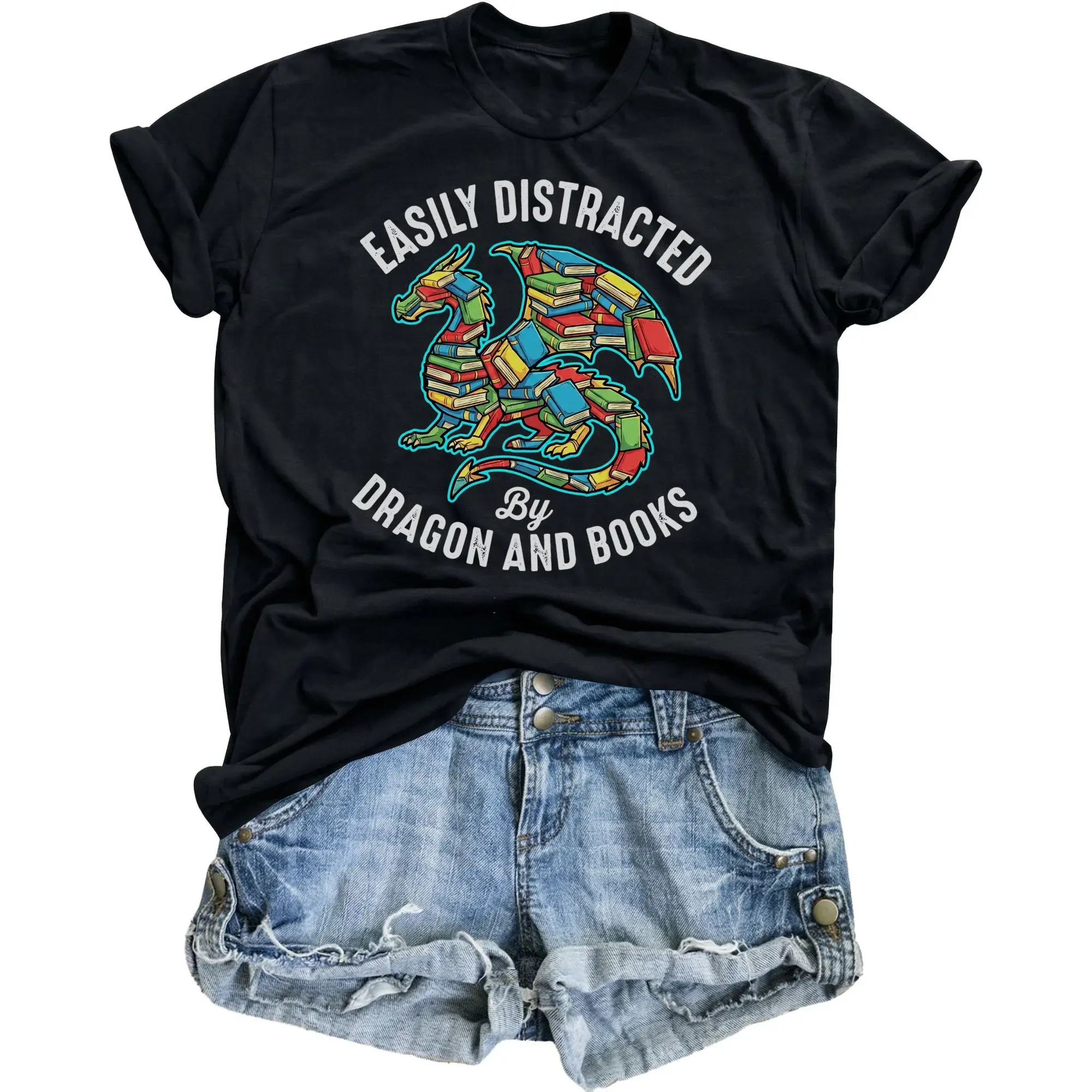 Graphic Tee Easily by Dragon and Books Unisex Crew Neck Shirt Casual Soft Cotton Reading Enthusiast Gift