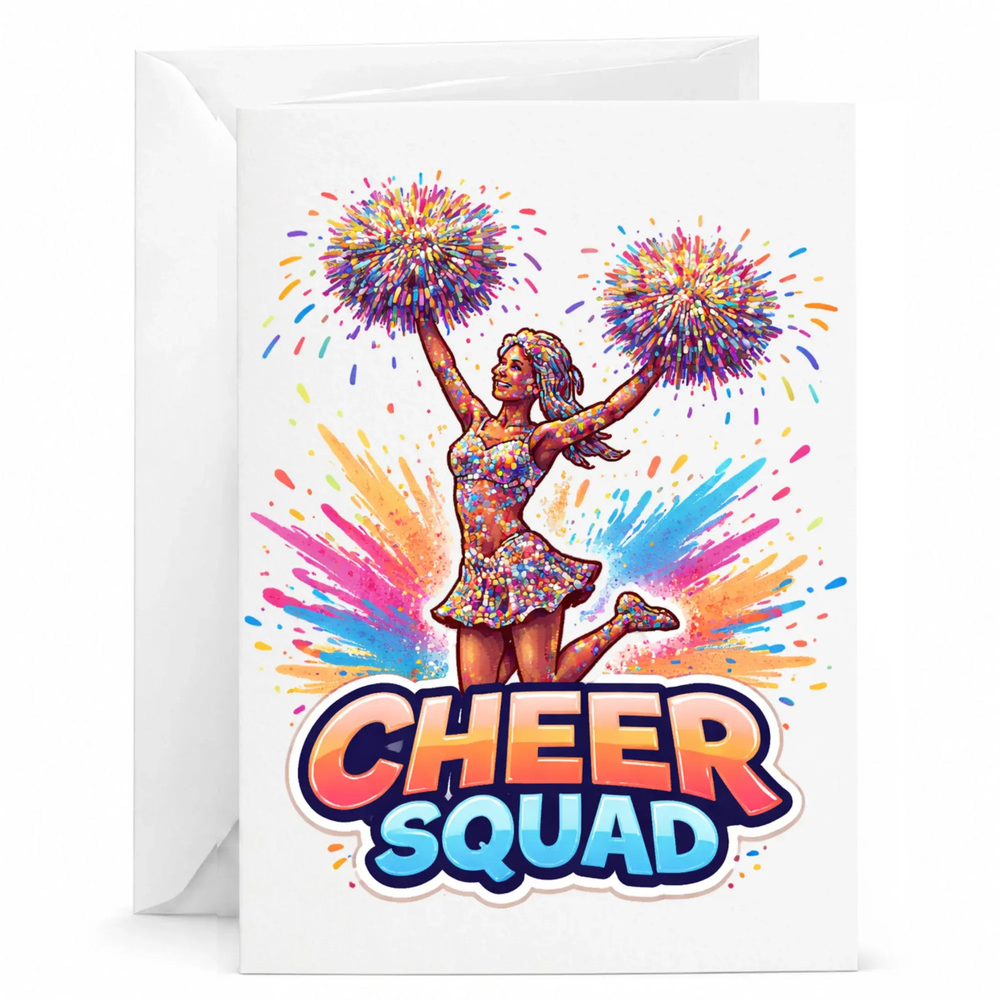 Cheer Squad Greeting Card Colorful Cheerleader Design with Pom Poms for Celebratory Messages and Appreciation